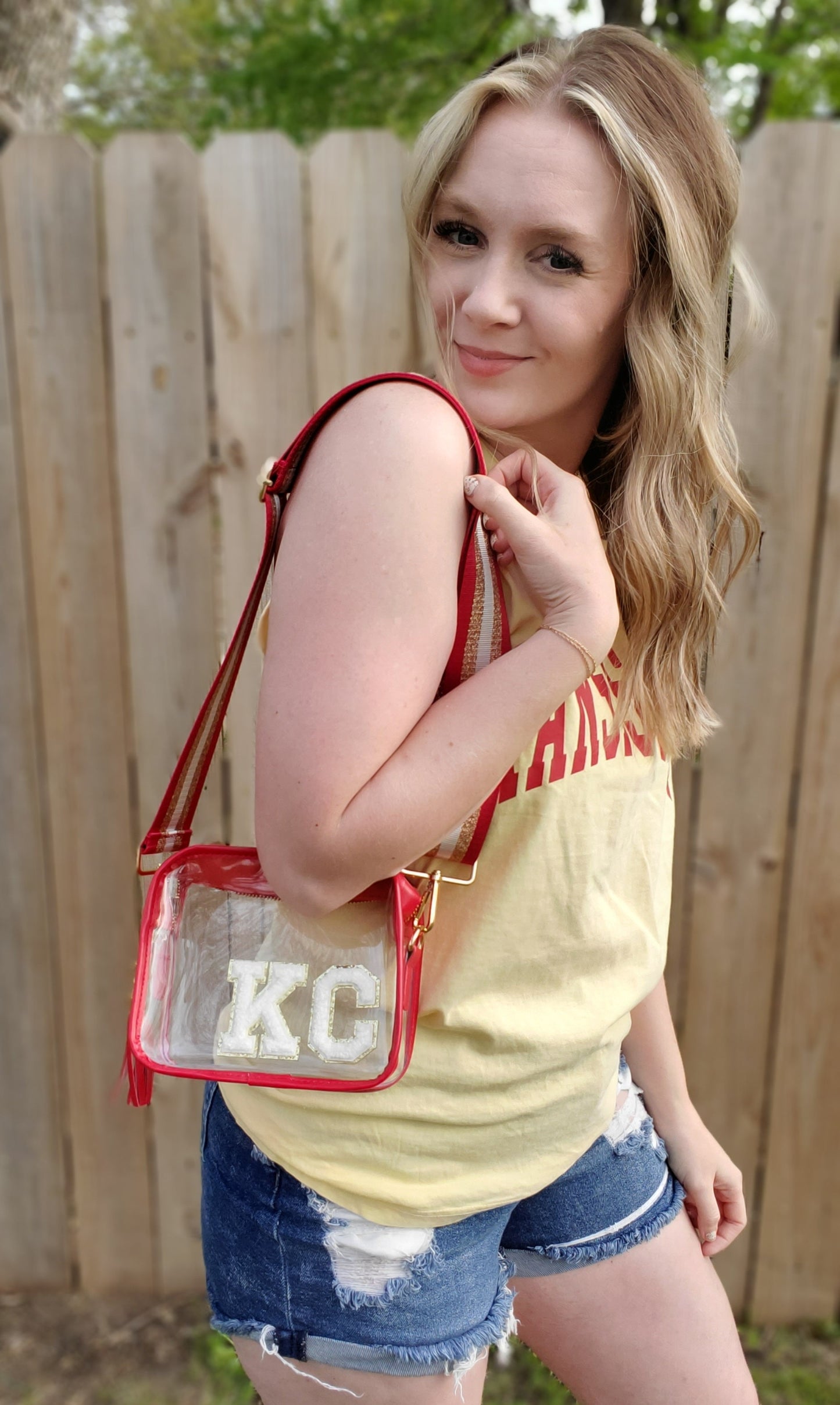 KC Red Trim-White Letters Clear Stadium Bag