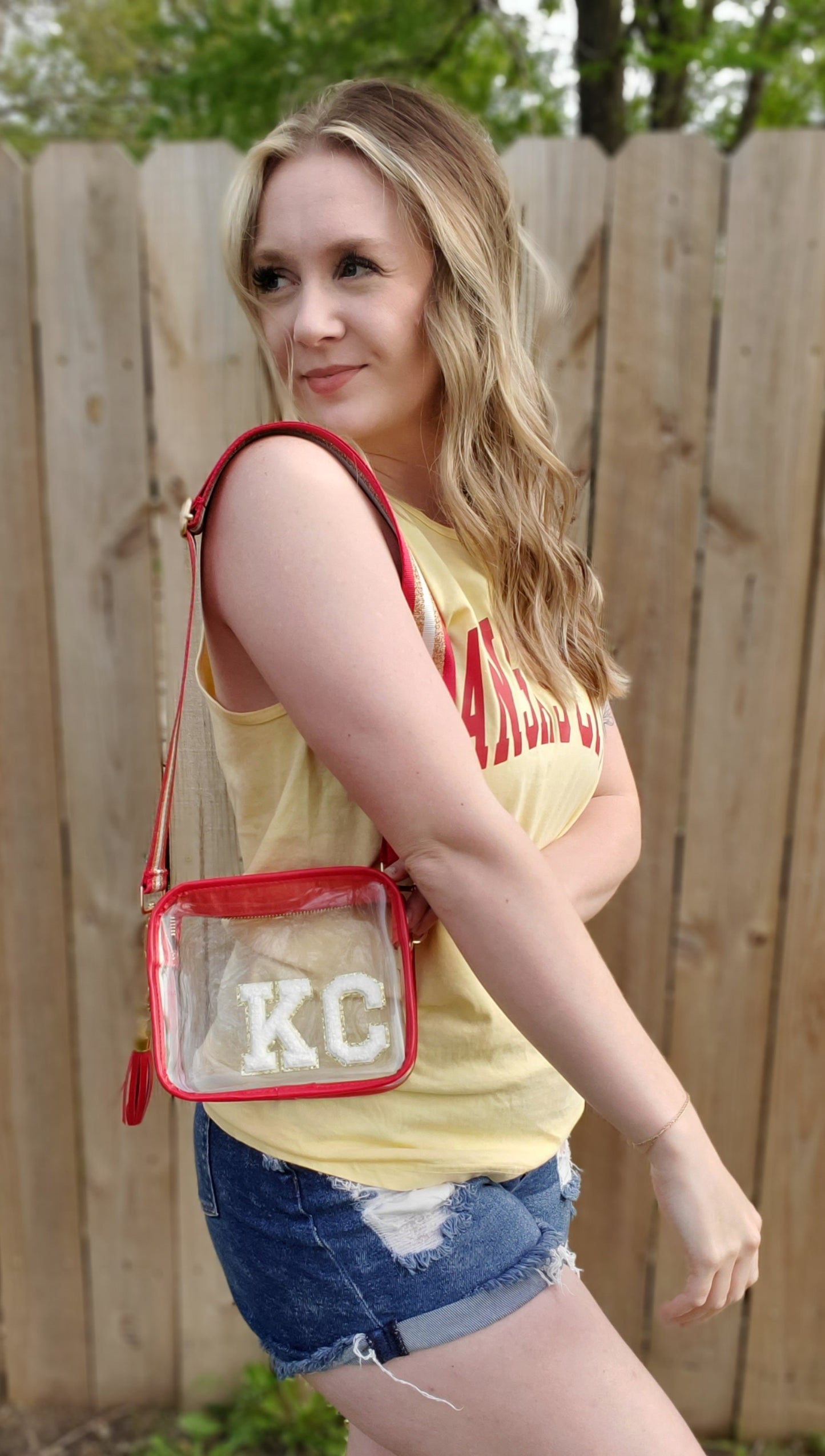 KC Red Trim-White Letters Clear Stadium Bag