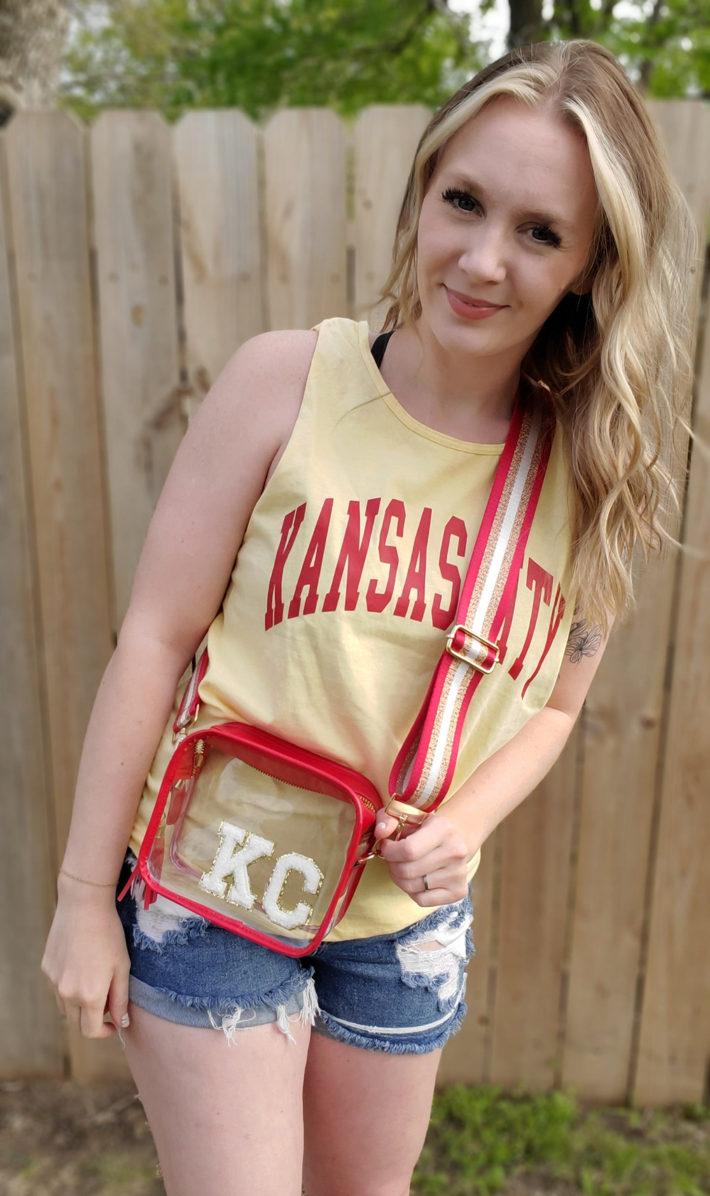 KC Red Trim-White Letters Clear Stadium Bag