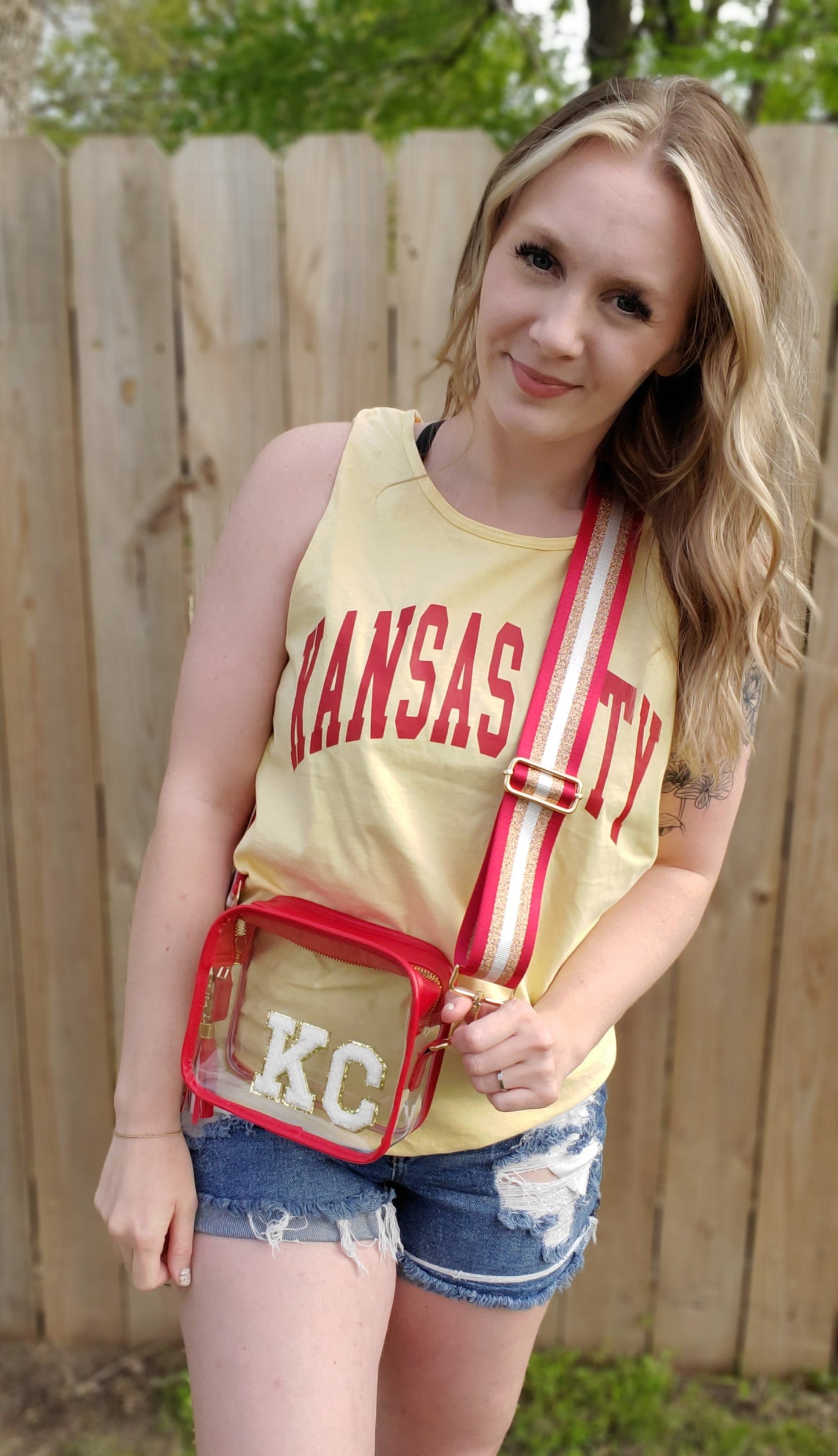 KC Red Trim-White Letters Clear Stadium Bag