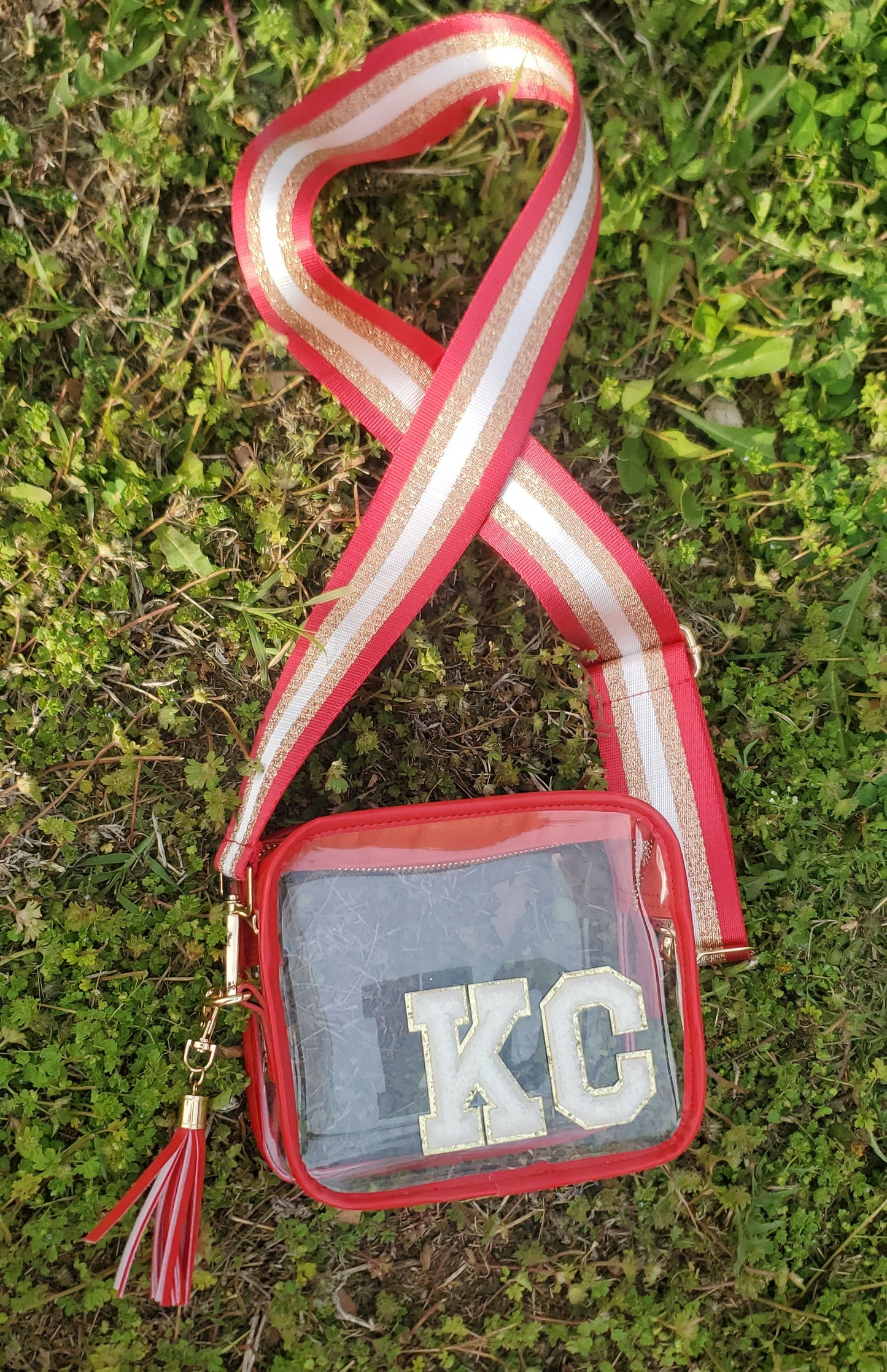 KC Red Trim-White Letters Clear Stadium Bag