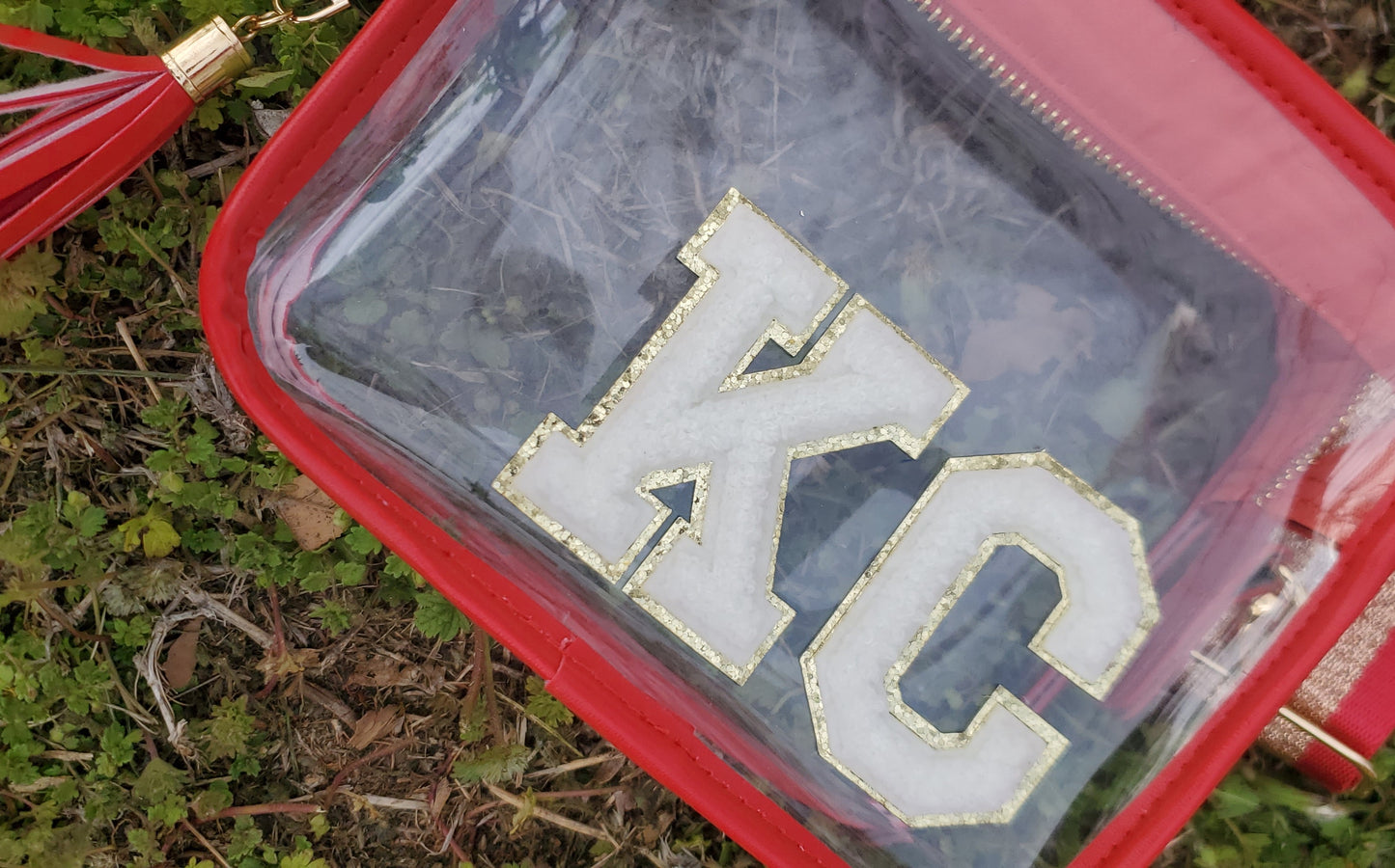 KC Red Trim-White Letters Clear Stadium Bag