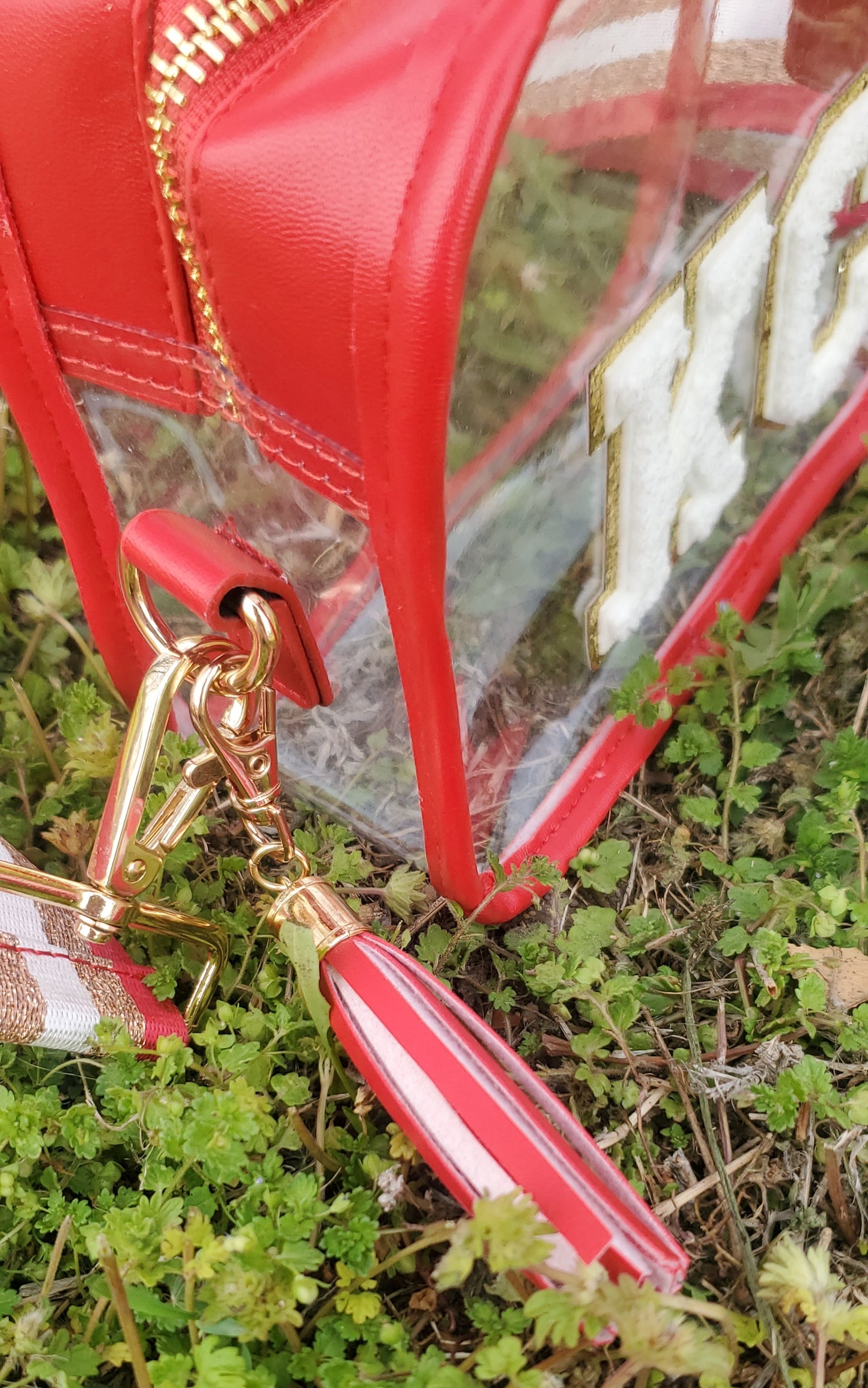 KC Red Trim-White Letters Clear Stadium Bag