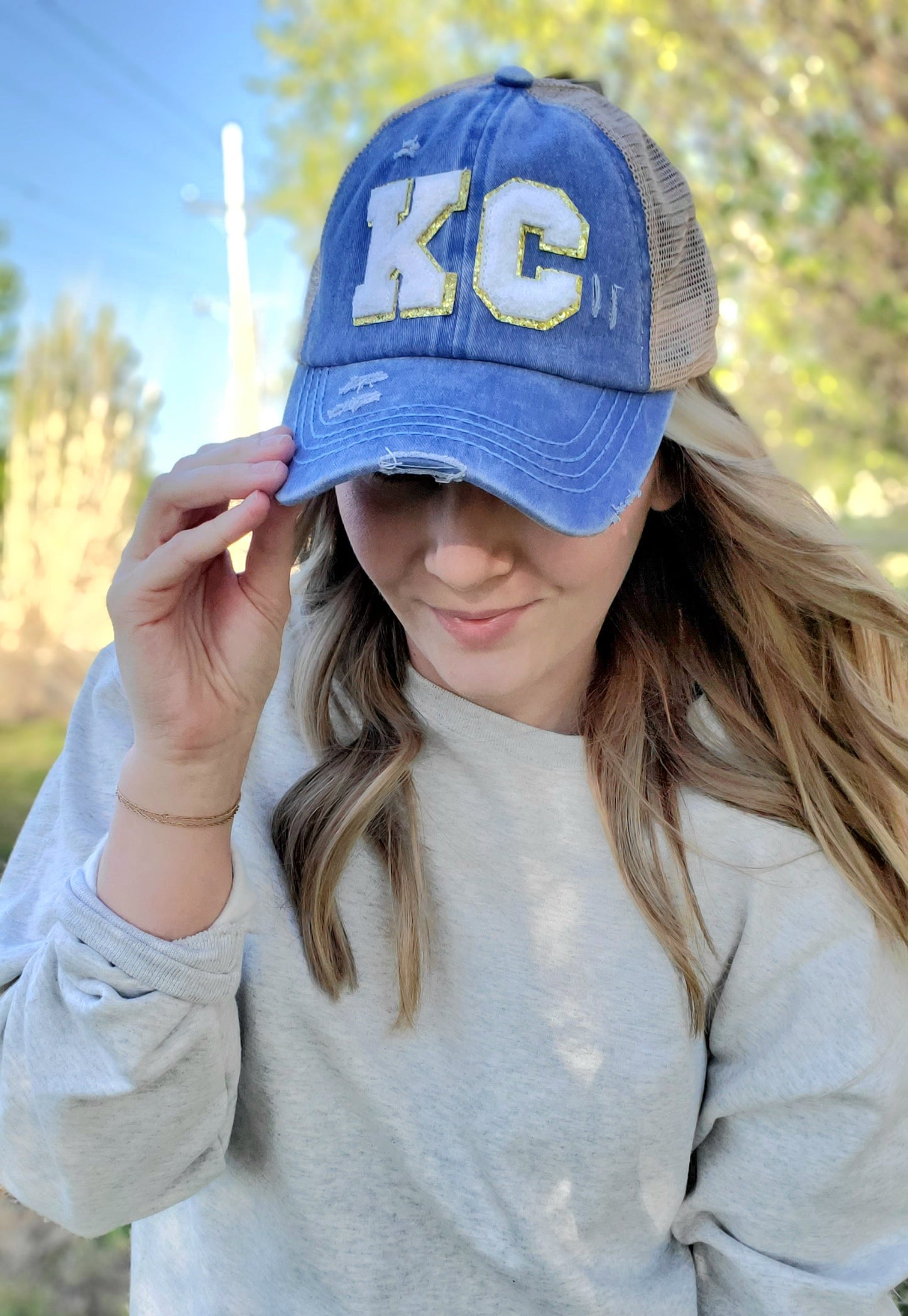 KC Chenille Letter Vintage Wash Ball Cap (Blue)