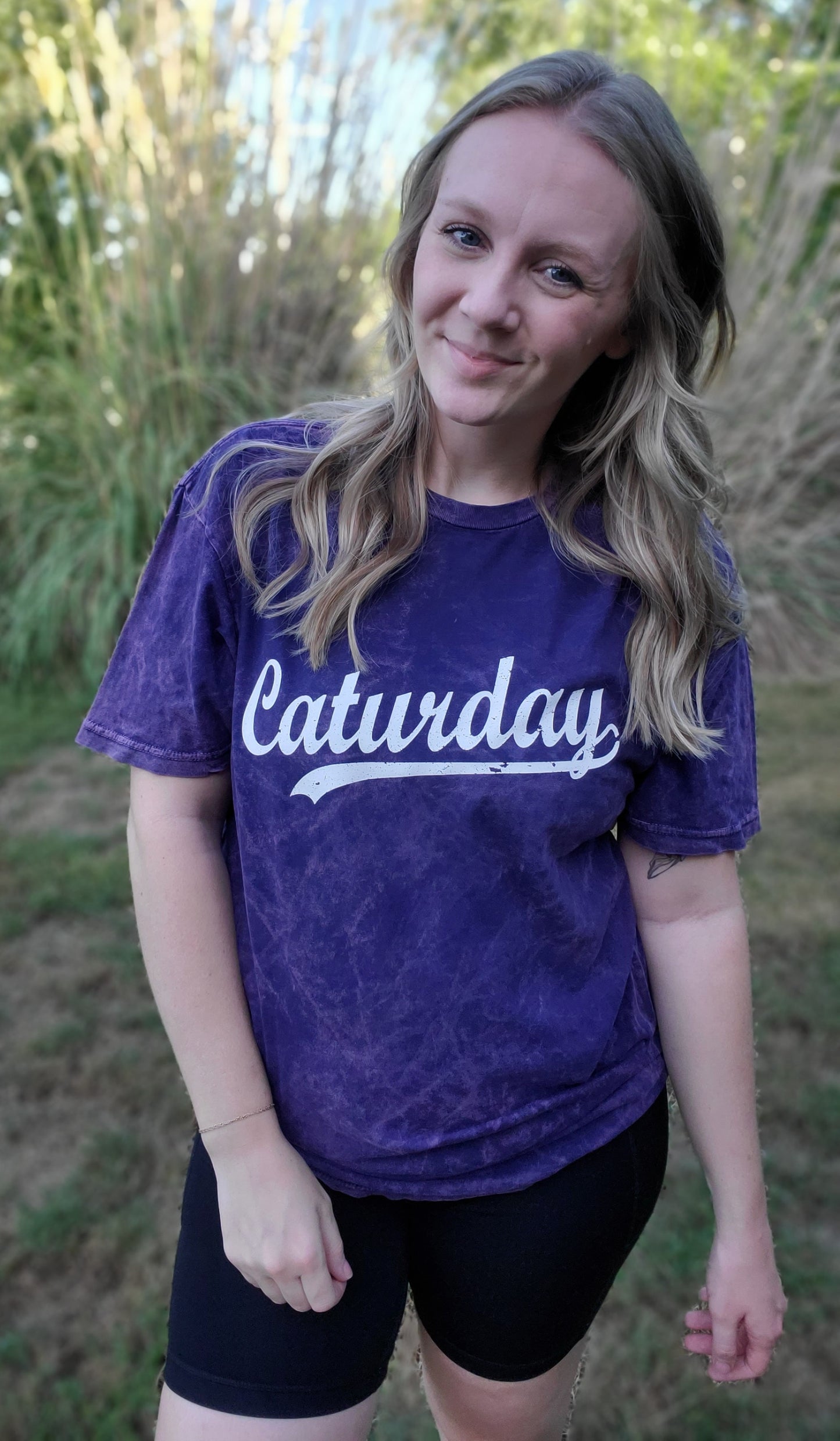 CAT- URDAY Purple Acid Wash Short Sleeve Tee