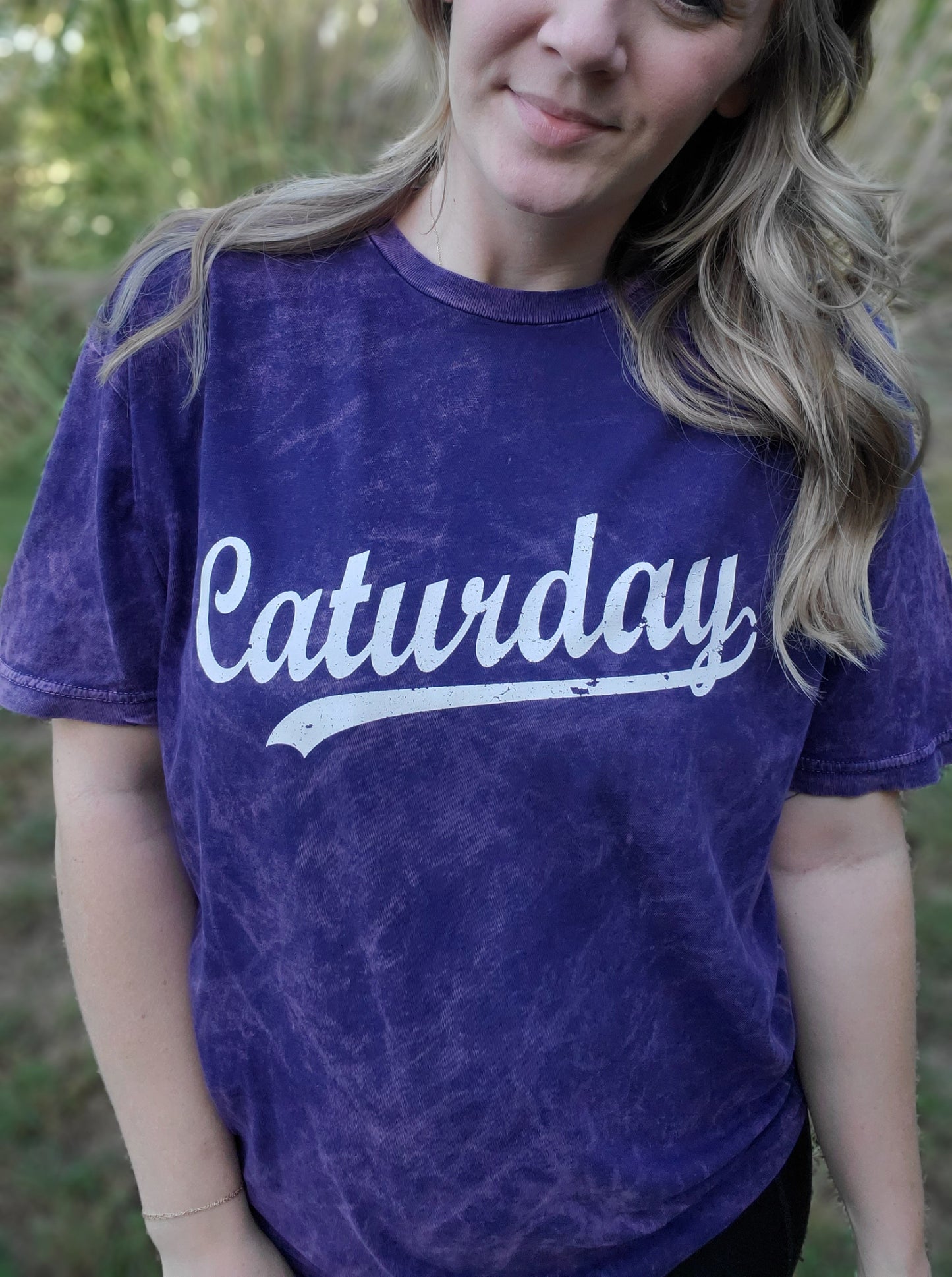 CAT- URDAY Purple Acid Wash Short Sleeve Tee