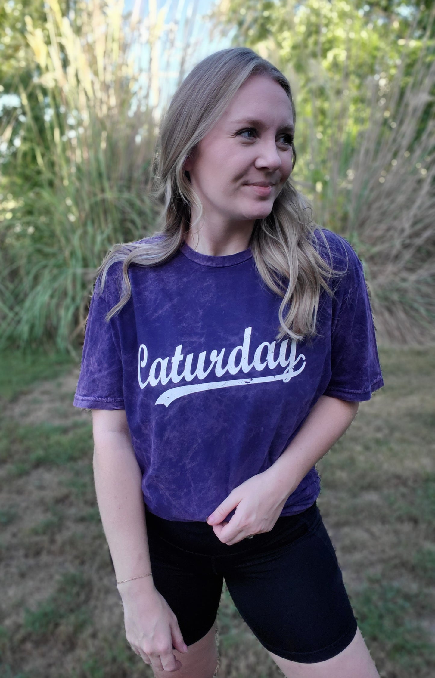 CAT- URDAY Purple Acid Wash Short Sleeve Tee