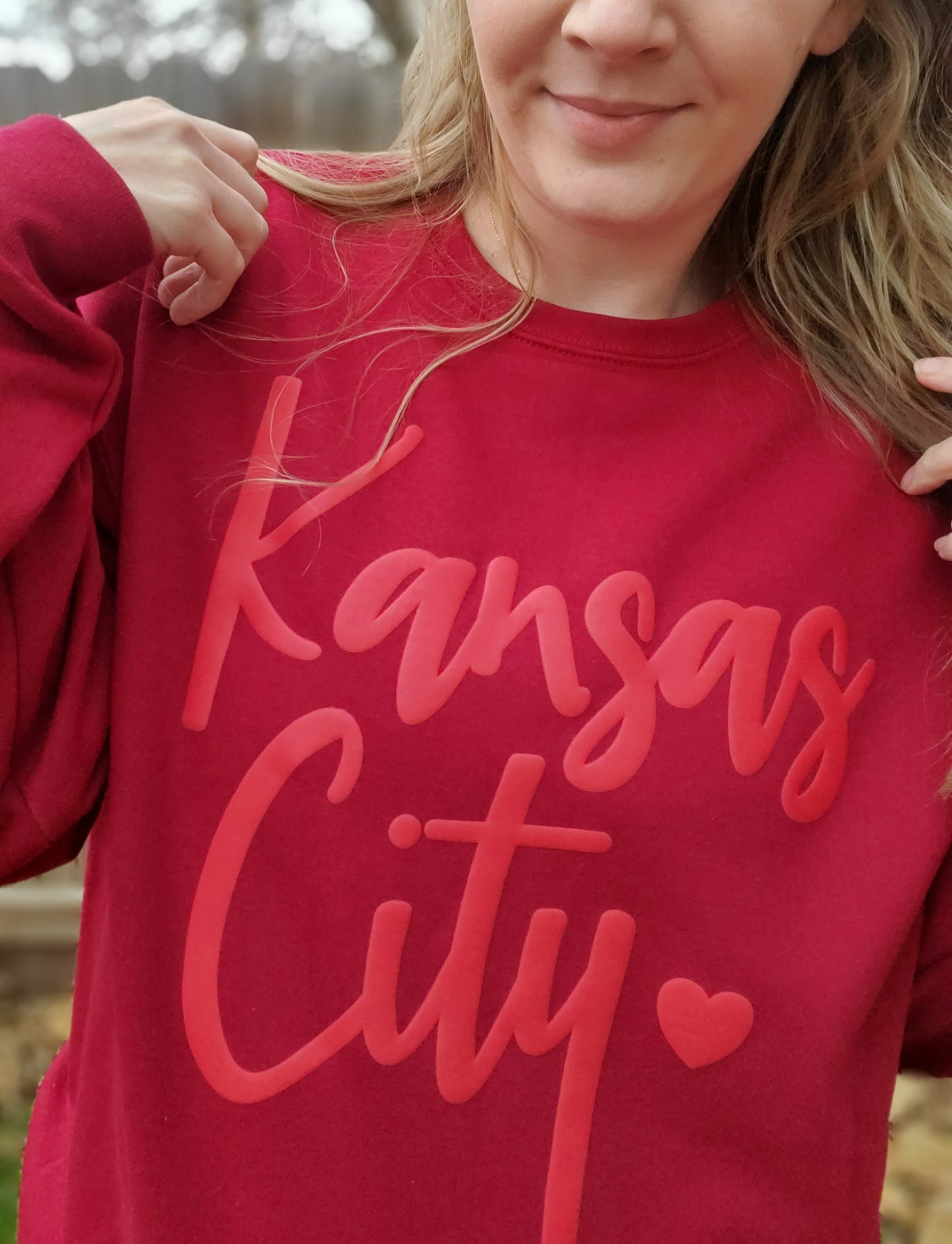 KANSAS CITY Script *PUFF* Red Tonal Crewneck Sweatshirt