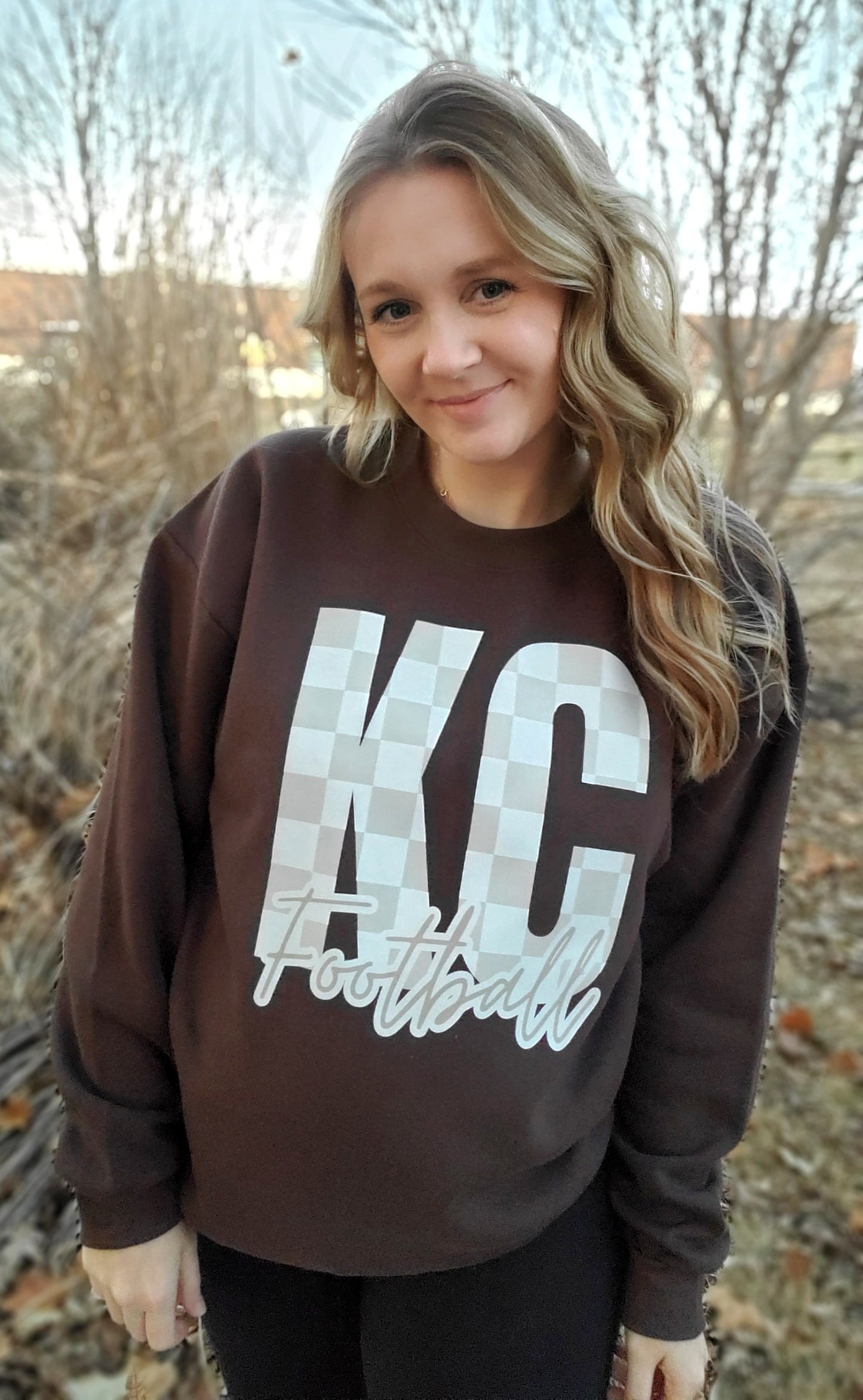 KC FOOTBALL Neutral Checkered Brown Crewneck Sweatshirt