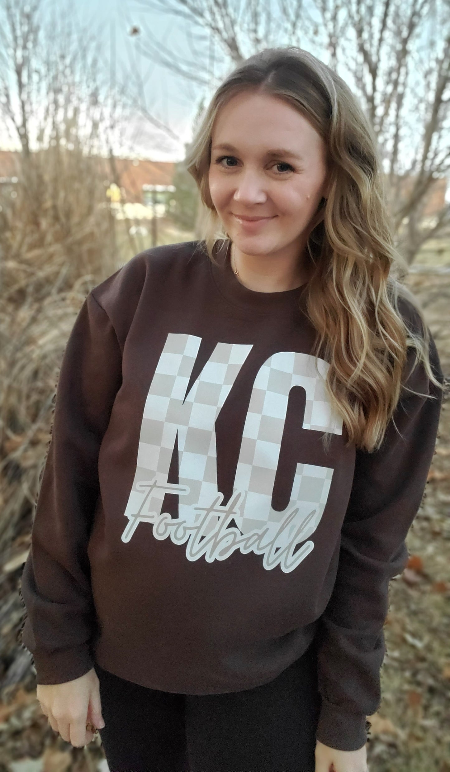 KC FOOTBALL Neutral Checkered Brown Crewneck Sweatshirt