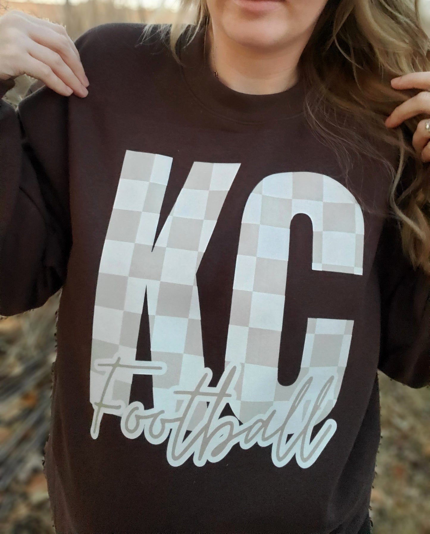 KC FOOTBALL Neutral Checkered Brown Crewneck Sweatshirt