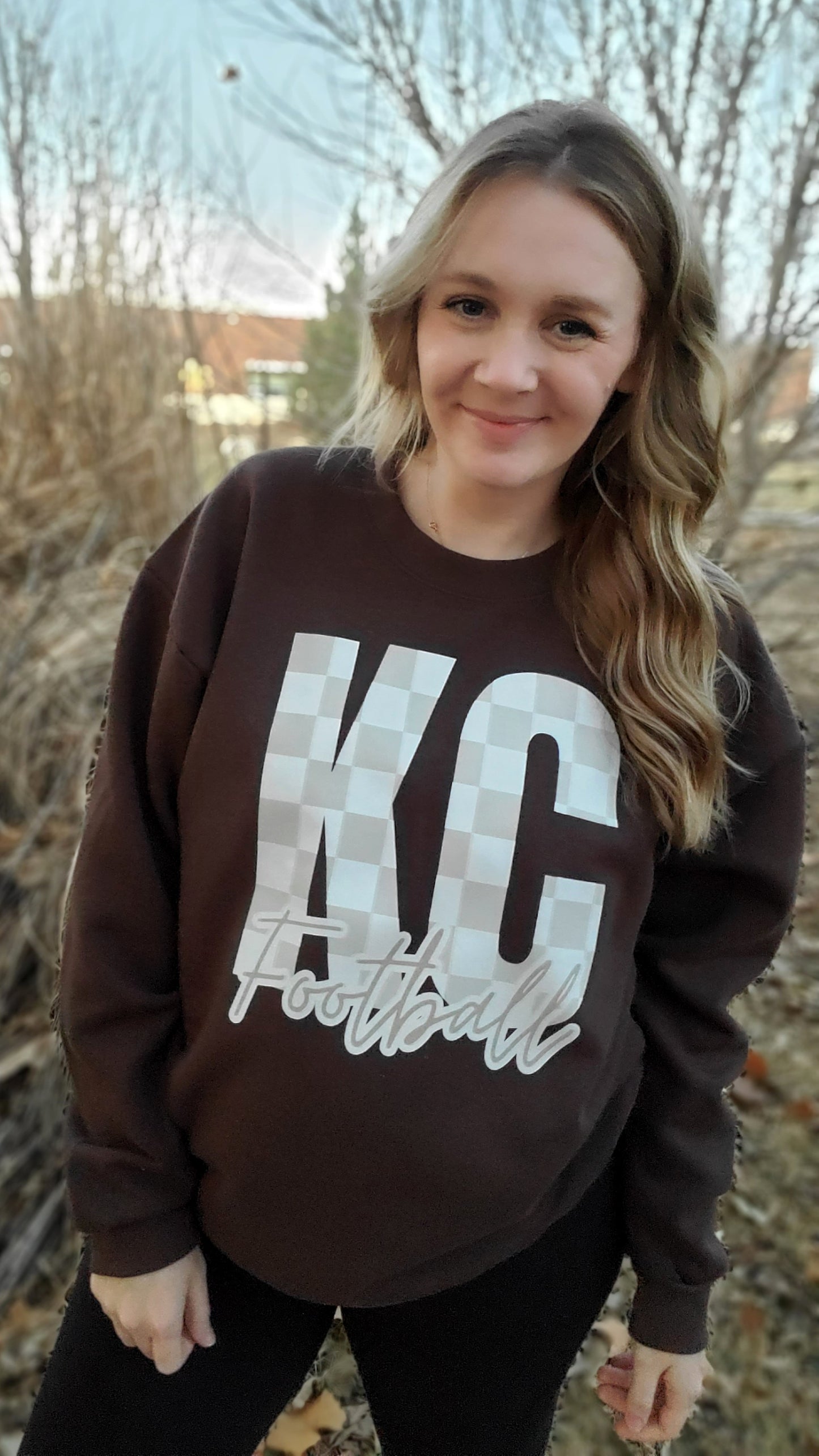 KC FOOTBALL Neutral Checkered Brown Crewneck Sweatshirt