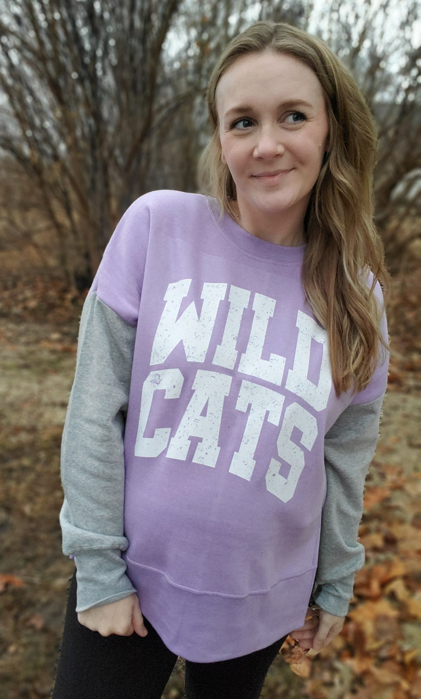 WILDCATS Distressed Colorblock Lavender/Grey Crewneck Sweatshirt