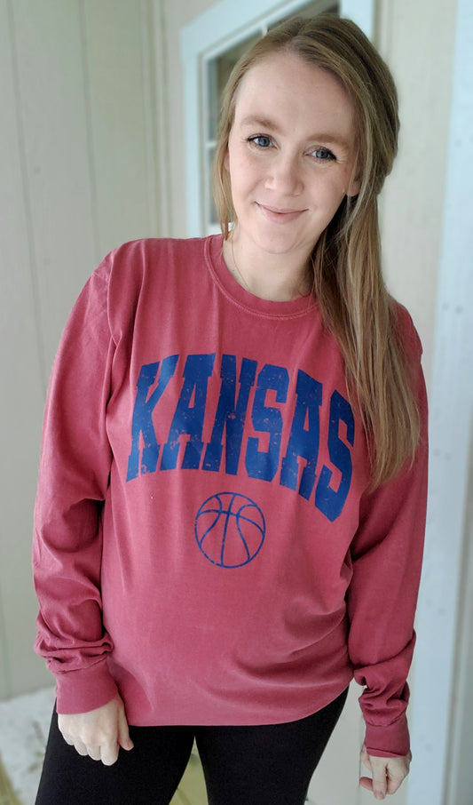 KANSAS BASKETBALL Red Vintage Wash Long Sleeve Tee