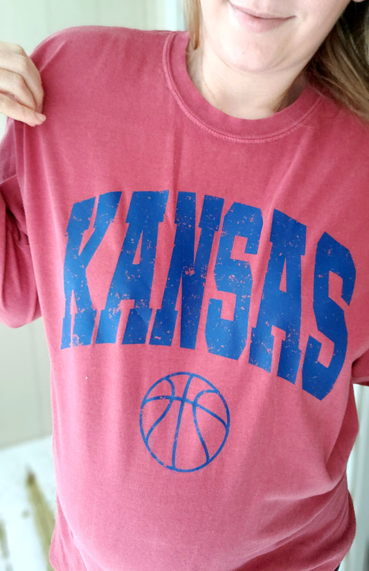 KANSAS BASKETBALL Red Vintage Wash Long Sleeve Tee