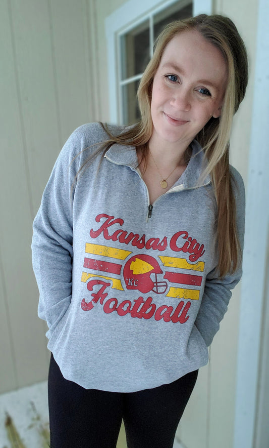 KANSAS CITY FOOTBALL Grey Quarter Zip W/Hoodie Pocket