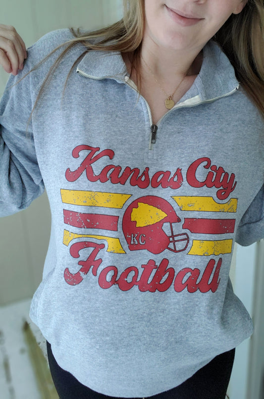 KANSAS CITY FOOTBALL Grey Quarter Zip W/Hoodie Pocket