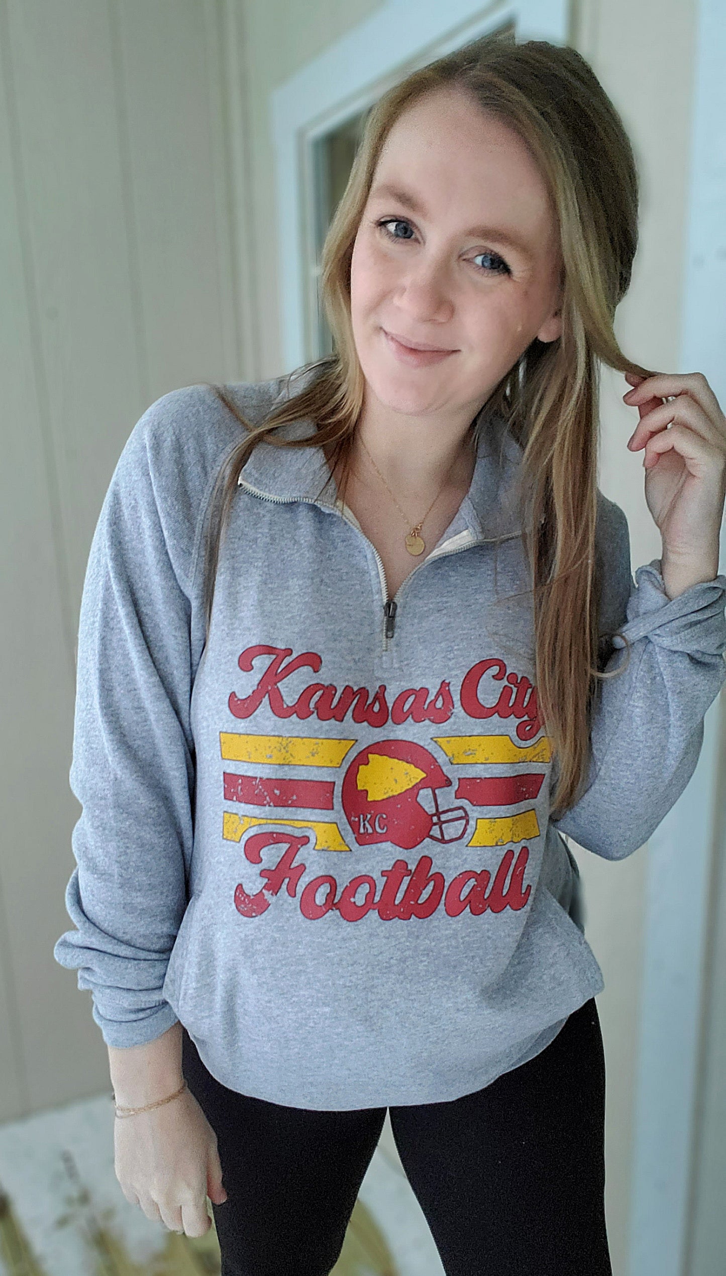 KANSAS CITY FOOTBALL Grey Quarter Zip W/Hoodie Pocket