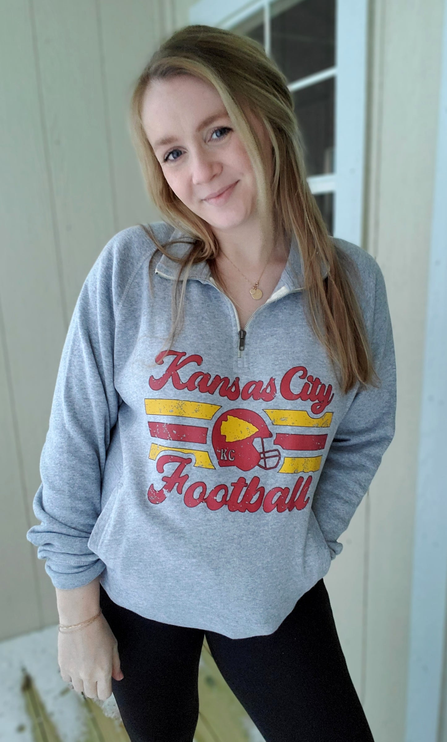 KANSAS CITY FOOTBALL Grey Quarter Zip W/Hoodie Pocket