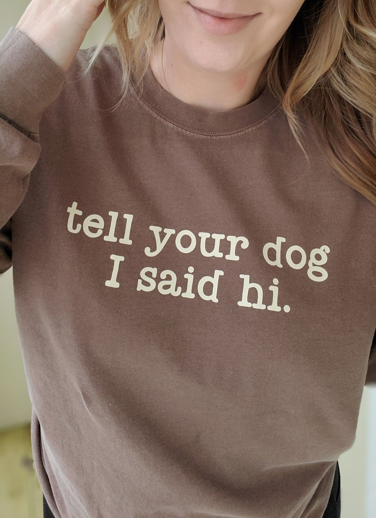 TELL YOUR DOG I SAID HI Espresso Vintage Wash Long Sleeve Tee