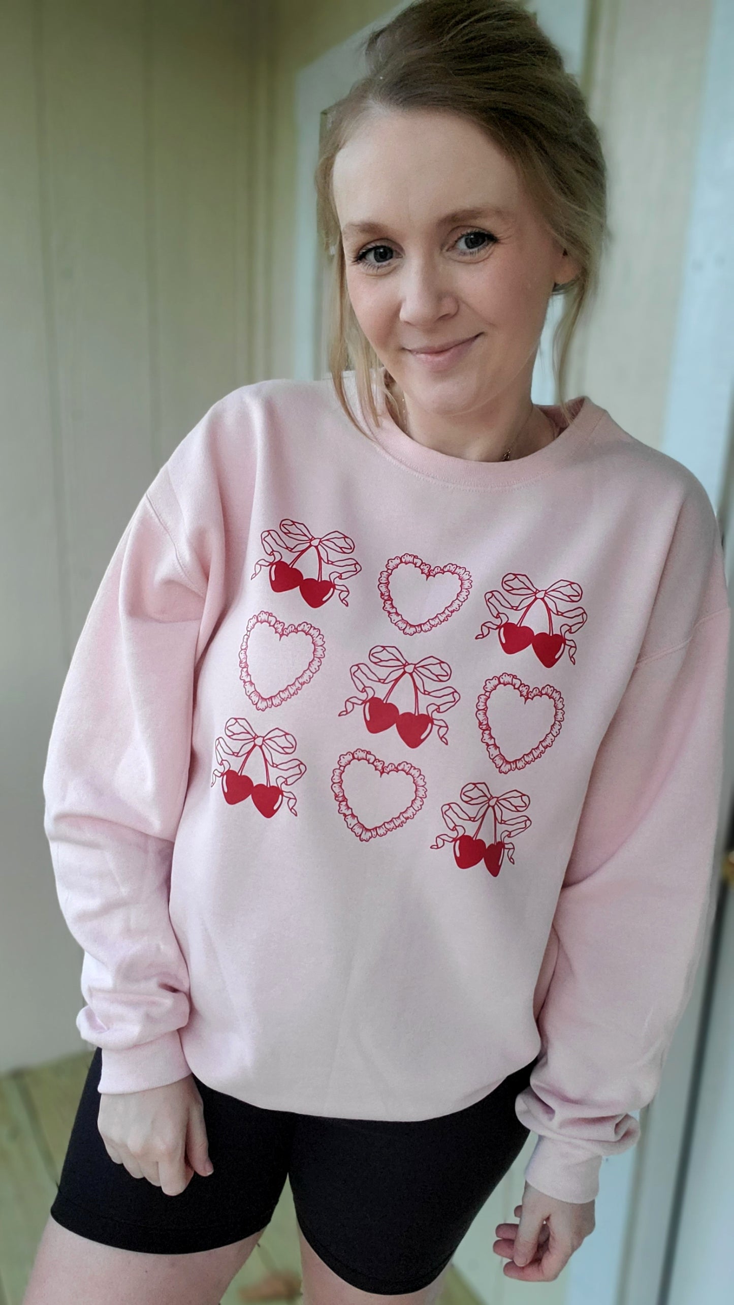 HEARTS & CHERRIES Blush Pink Crewneck Sweatshirt