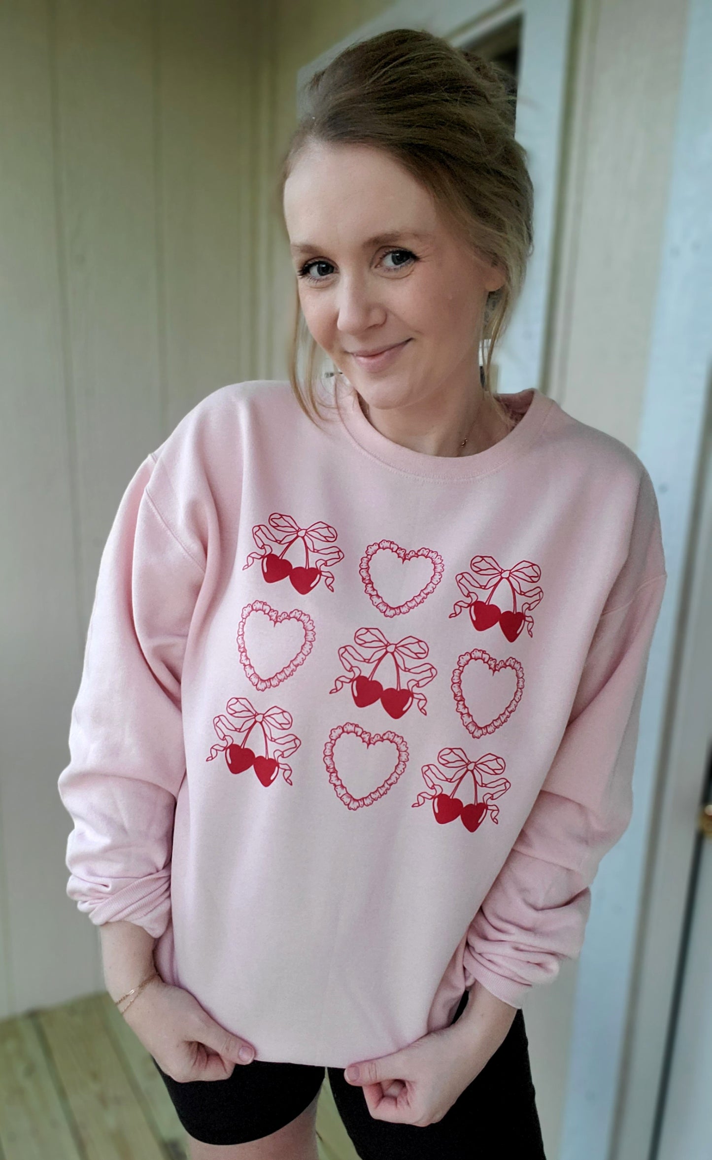 HEARTS & CHERRIES Blush Pink Crewneck Sweatshirt