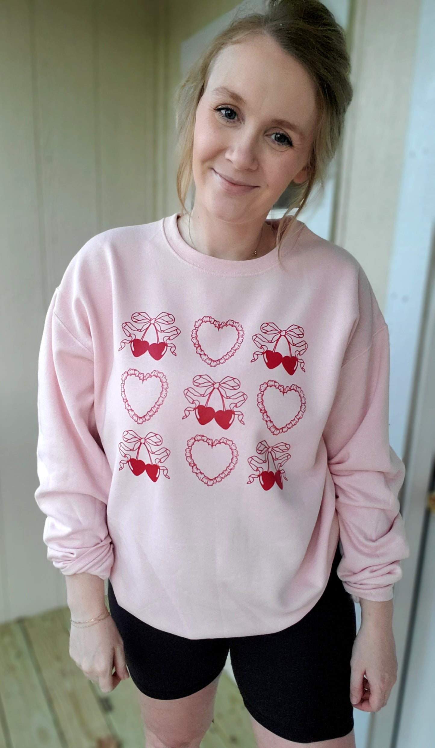 HEARTS & CHERRIES Blush Pink Crewneck Sweatshirt