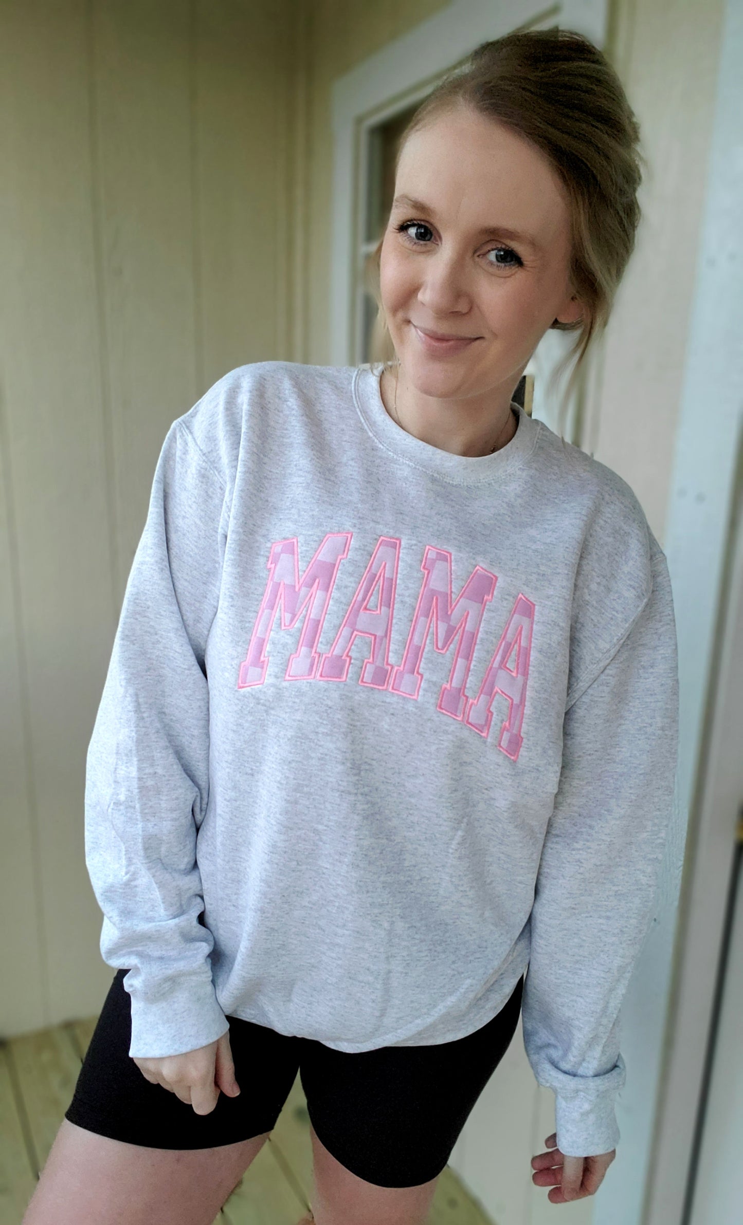 MAMA Pink Checker Applique Embroidered Ash Crewneck Sweatshirt