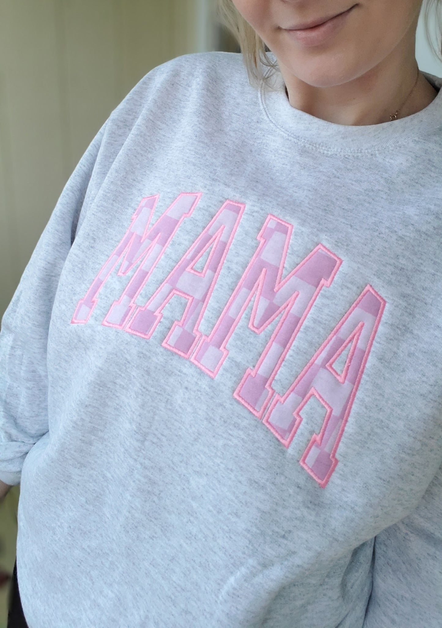 MAMA Pink Checker Applique Embroidered Ash Crewneck Sweatshirt