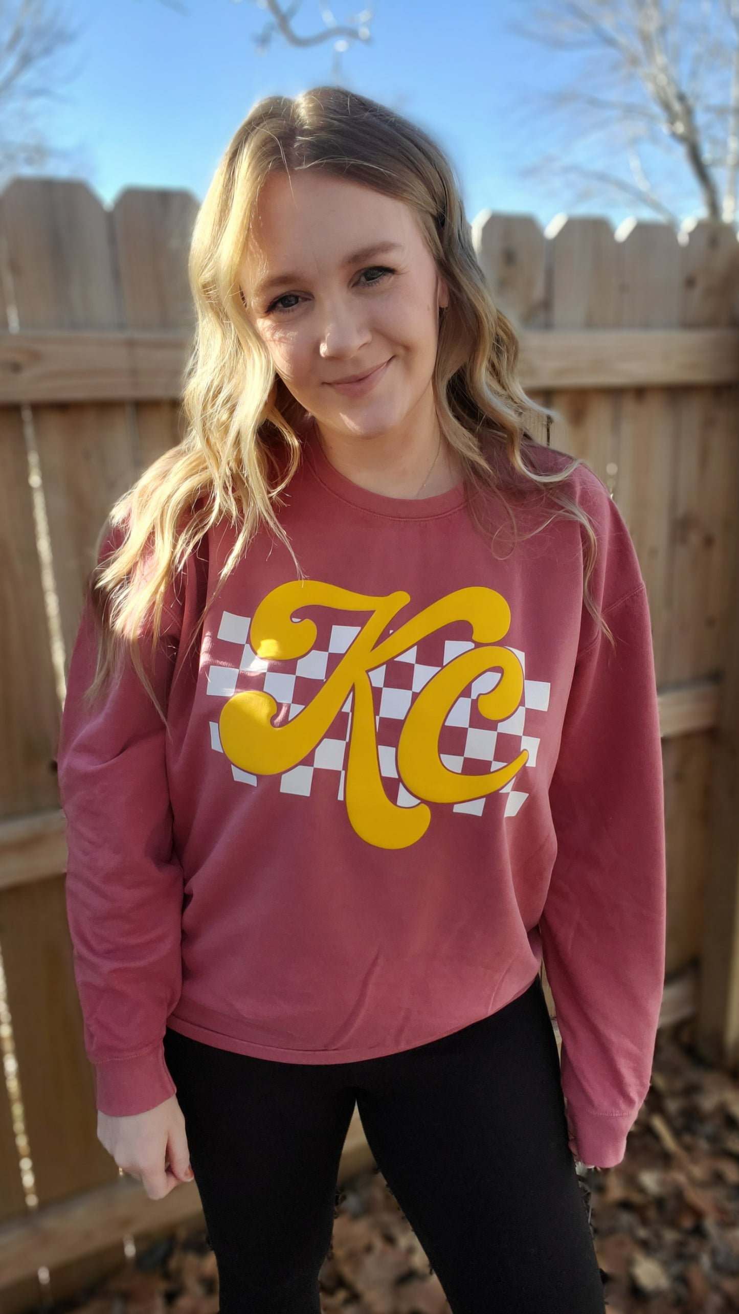 KC CHECKERED *PUFF* Red Vintage Wash Crewneck Sweatshirt