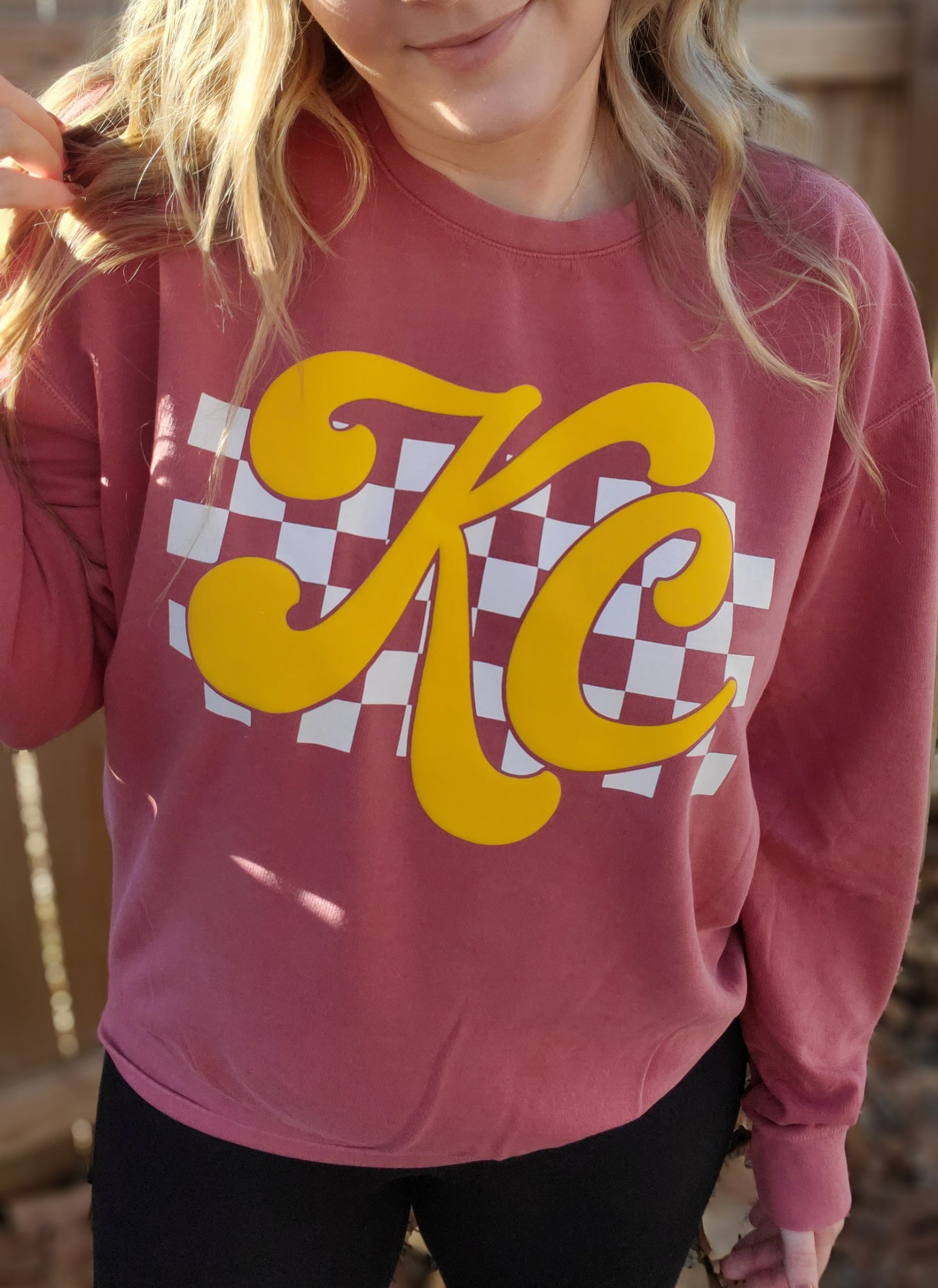 KC CHECKERED *PUFF* Red Vintage Wash Crewneck Sweatshirt