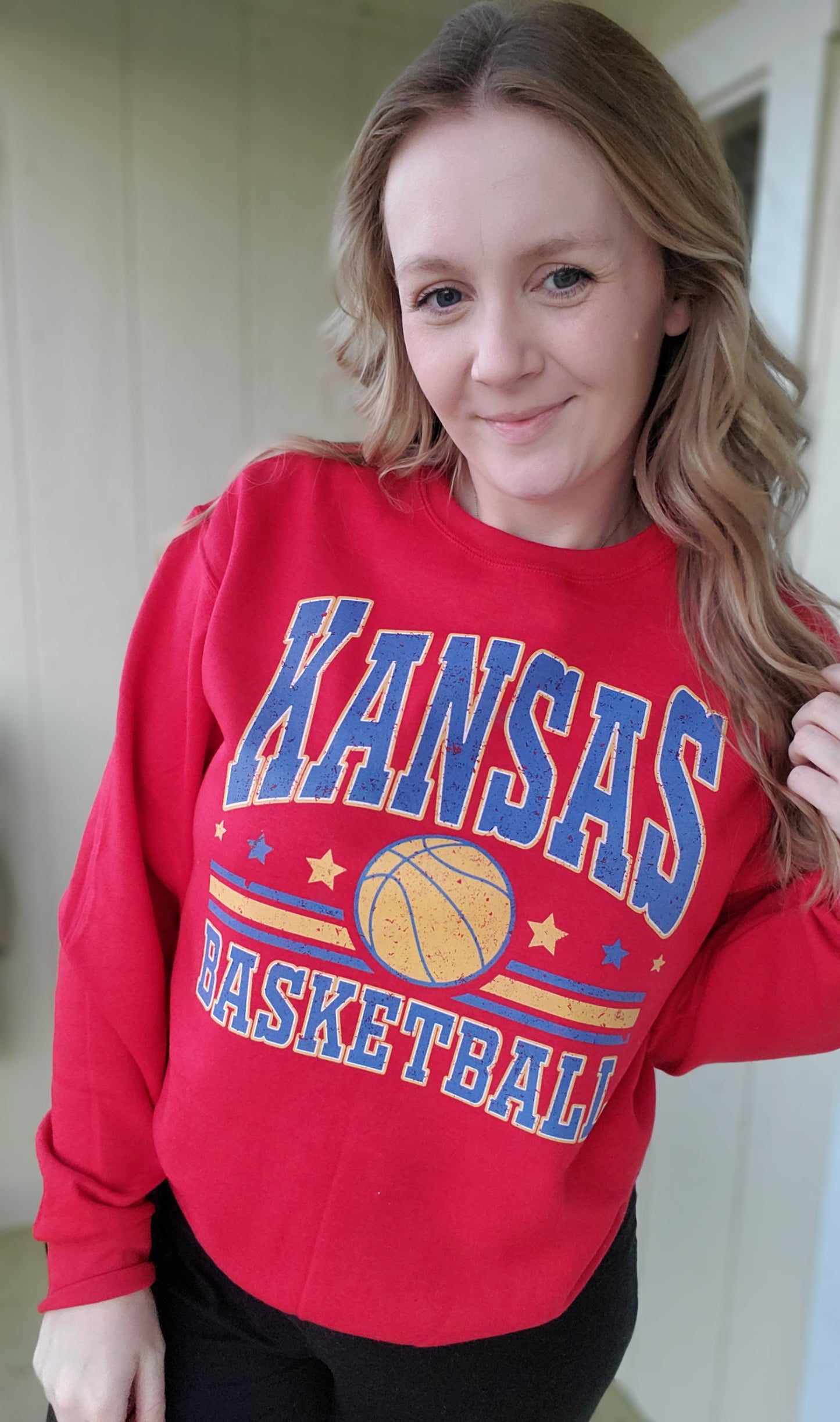 KANSAS BASKETBALL Distressed Red Crewneck Sweatshirt