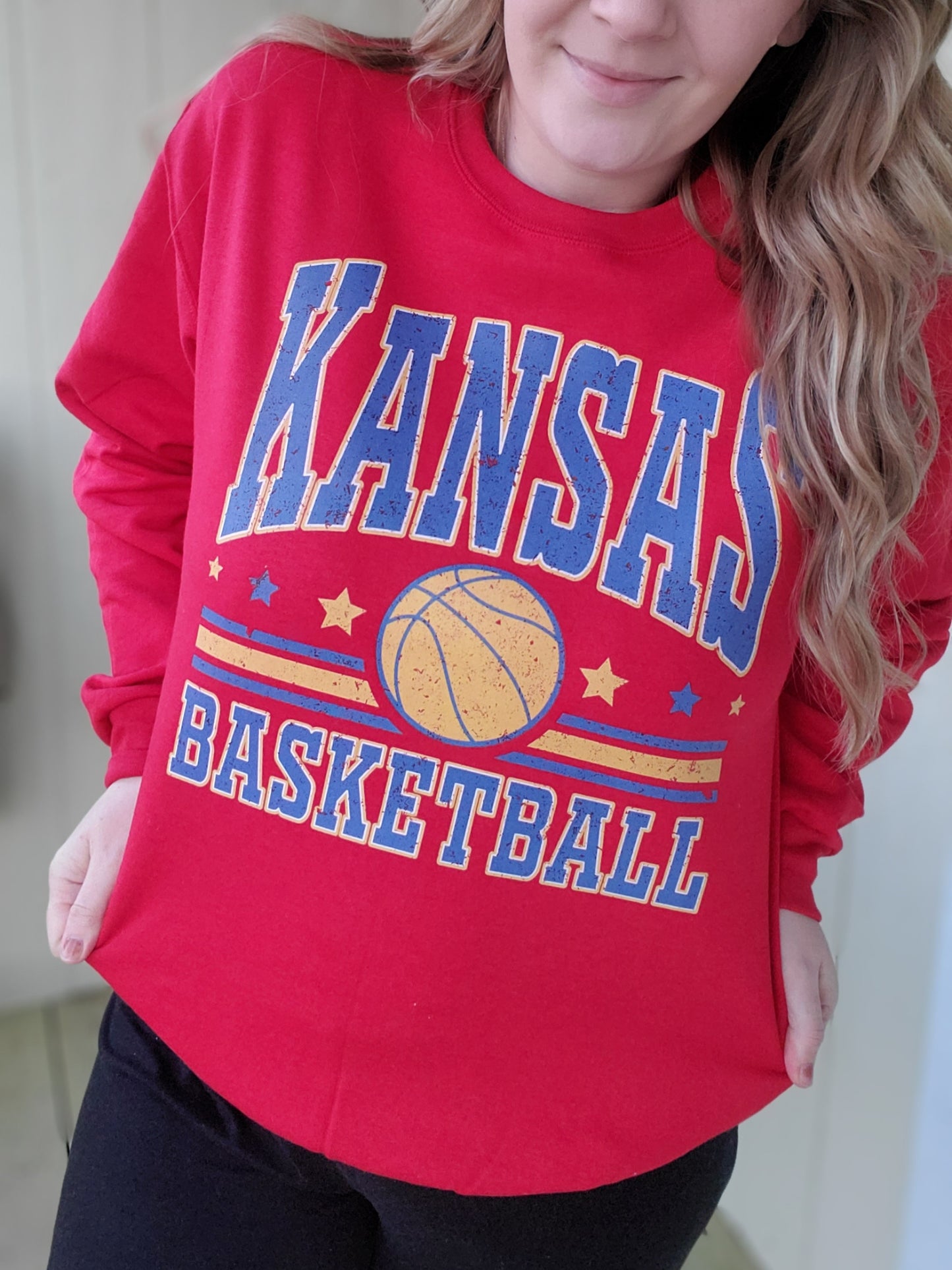 KANSAS BASKETBALL Distressed Red Crewneck Sweatshirt