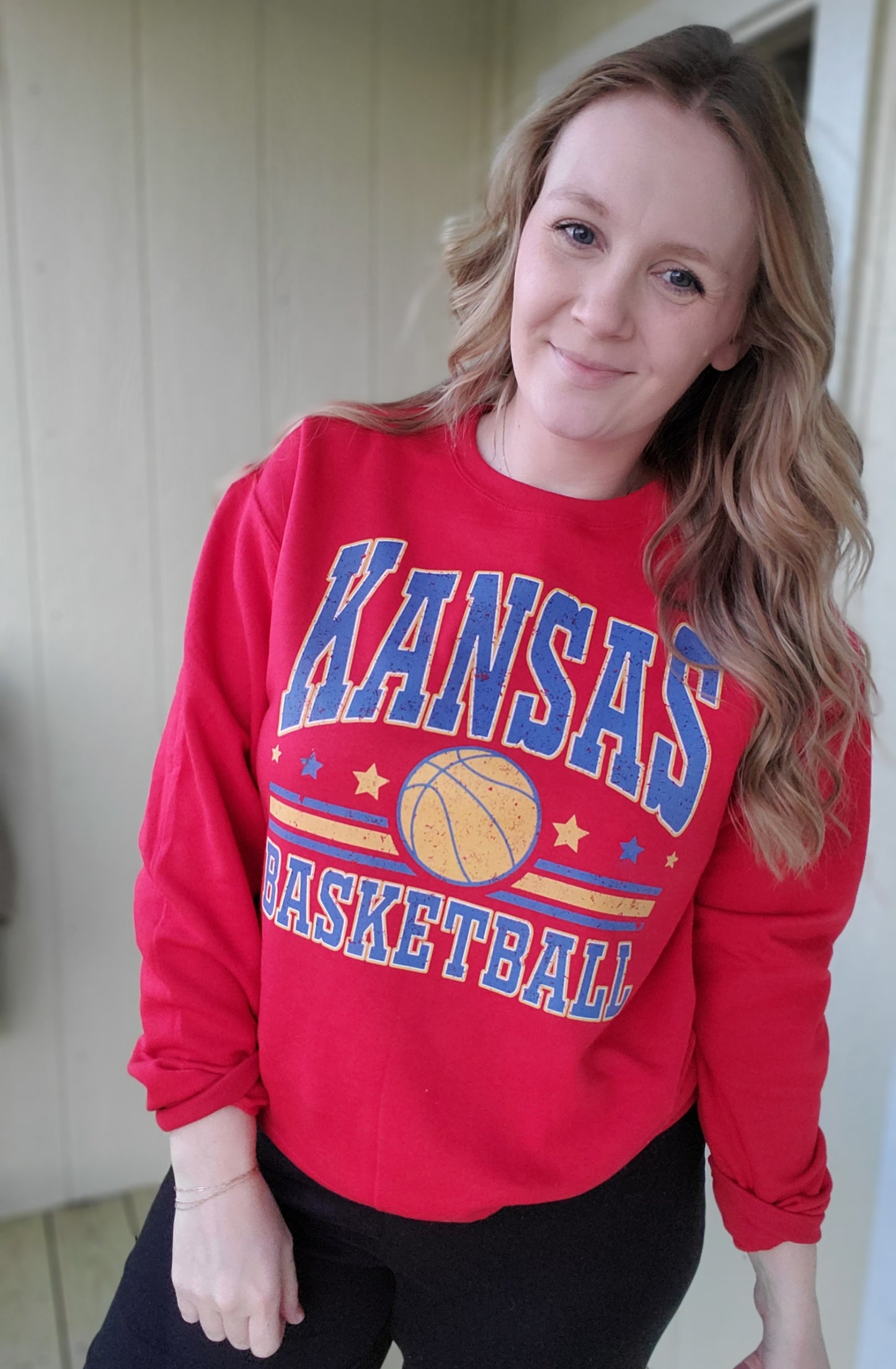 KANSAS BASKETBALL Distressed Red Crewneck Sweatshirt