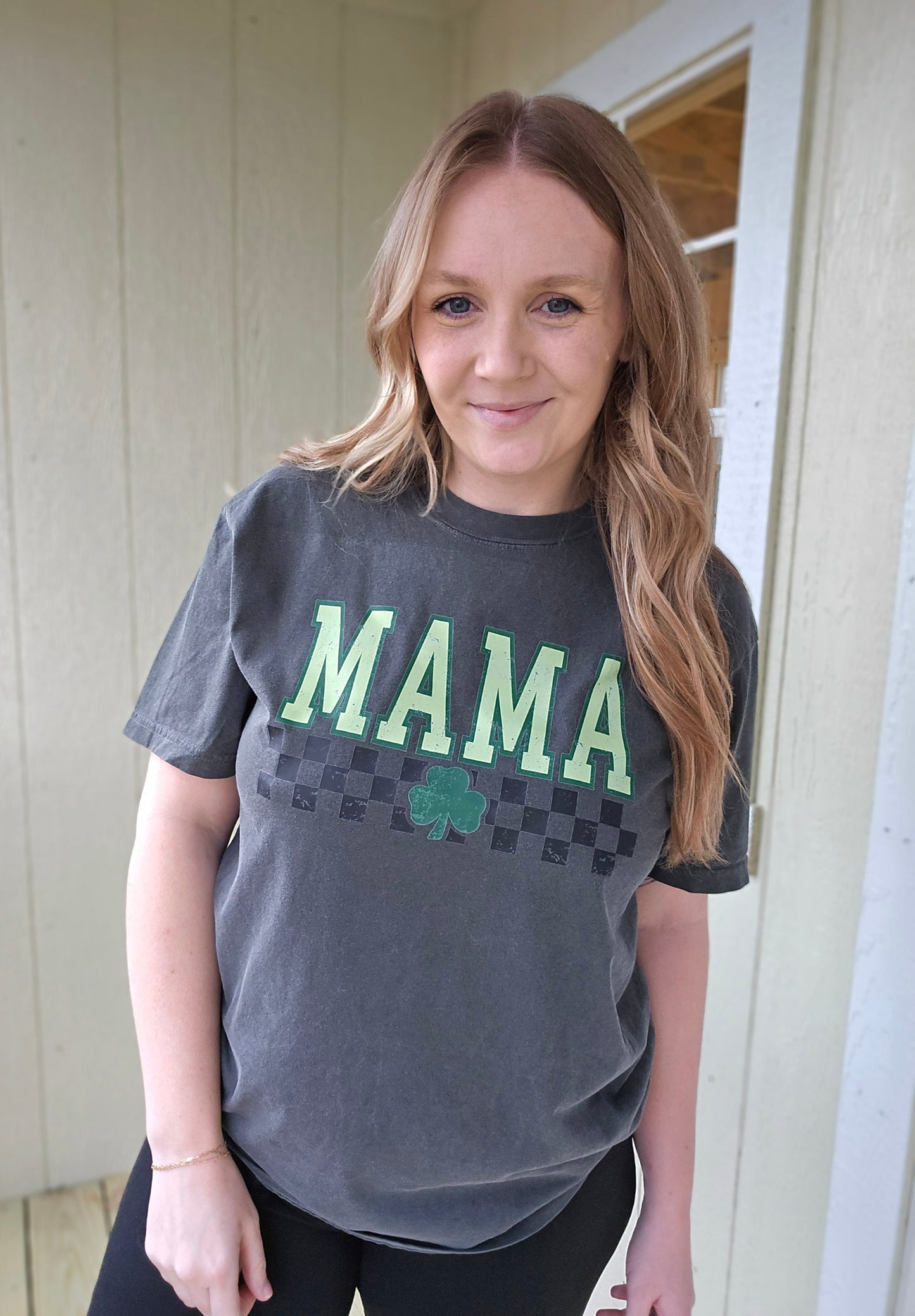 MAMA Checkered Shamrock Charcoal Vintage Wash Tee