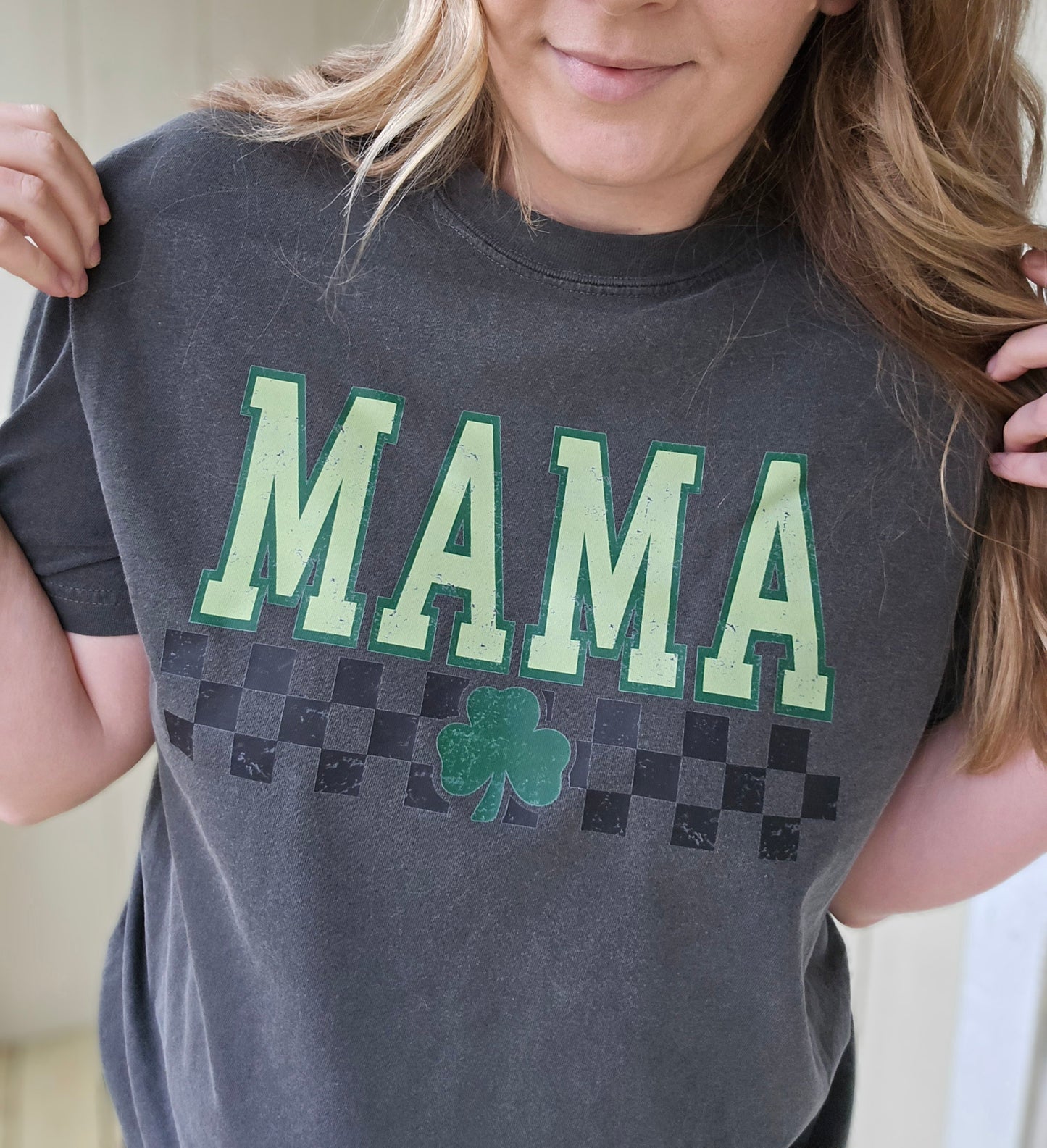 MAMA Checkered Shamrock Charcoal Vintage Wash Tee