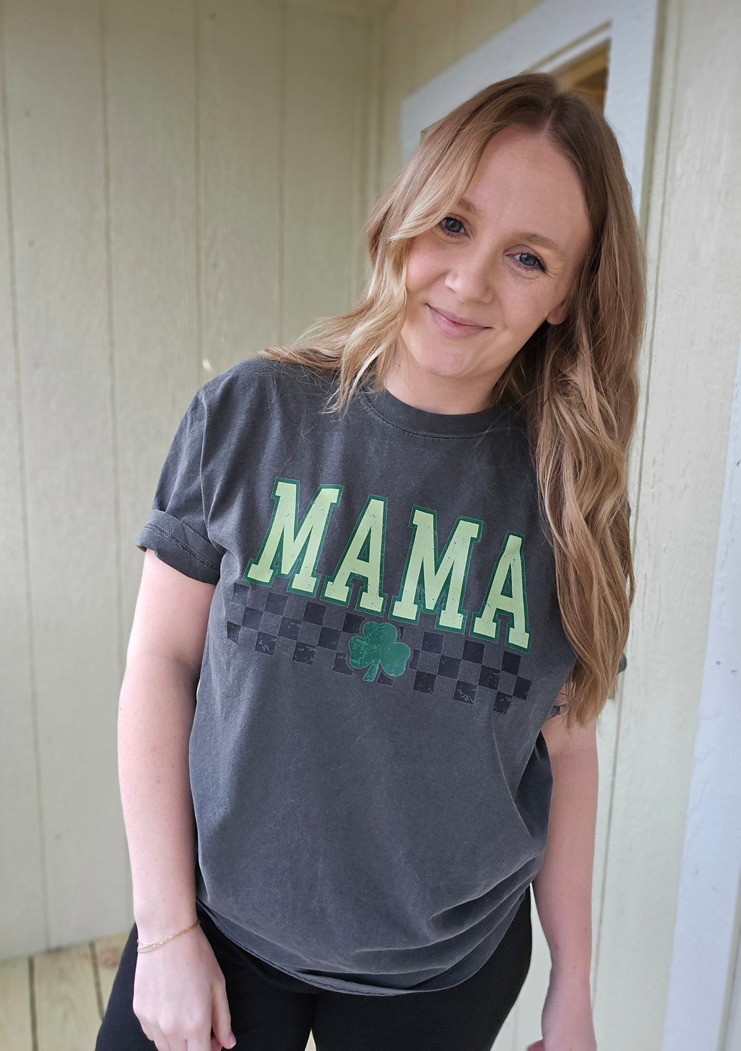 MAMA Checkered Shamrock Charcoal Vintage Wash Tee