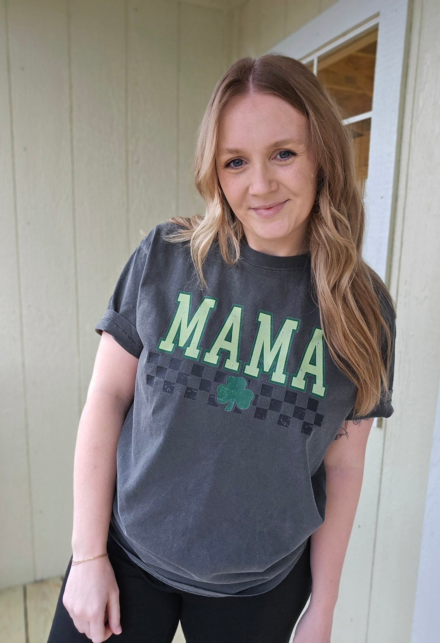 MAMA Checkered Shamrock Charcoal Vintage Wash Tee