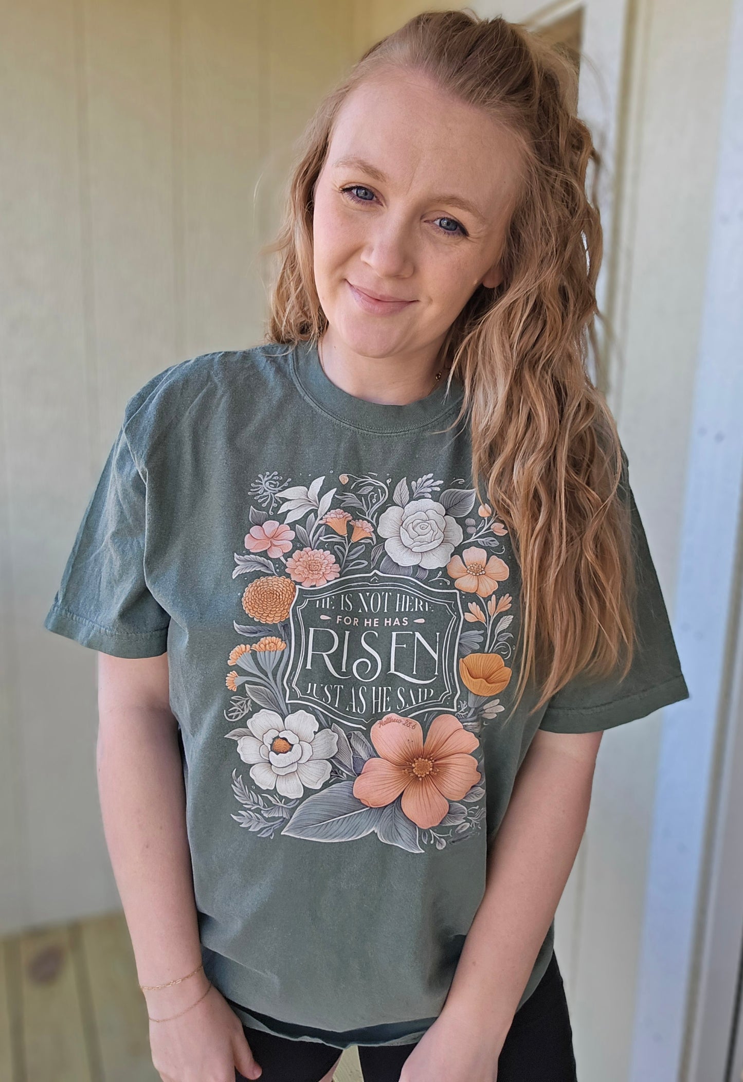 HE IS RISEN Vintage Floral Green Vintage Wash Short Sleeve Tee