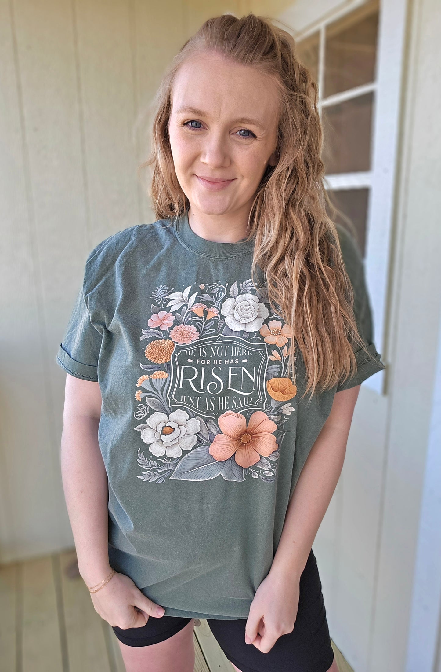 HE IS RISEN Vintage Floral Green Vintage Wash Short Sleeve Tee