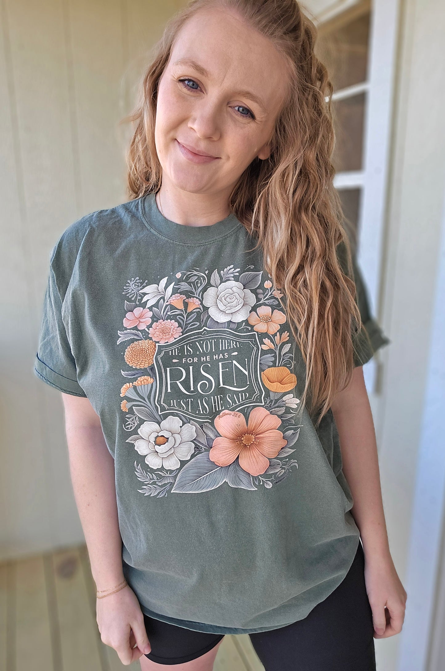 HE IS RISEN Vintage Floral Green Vintage Wash Short Sleeve Tee