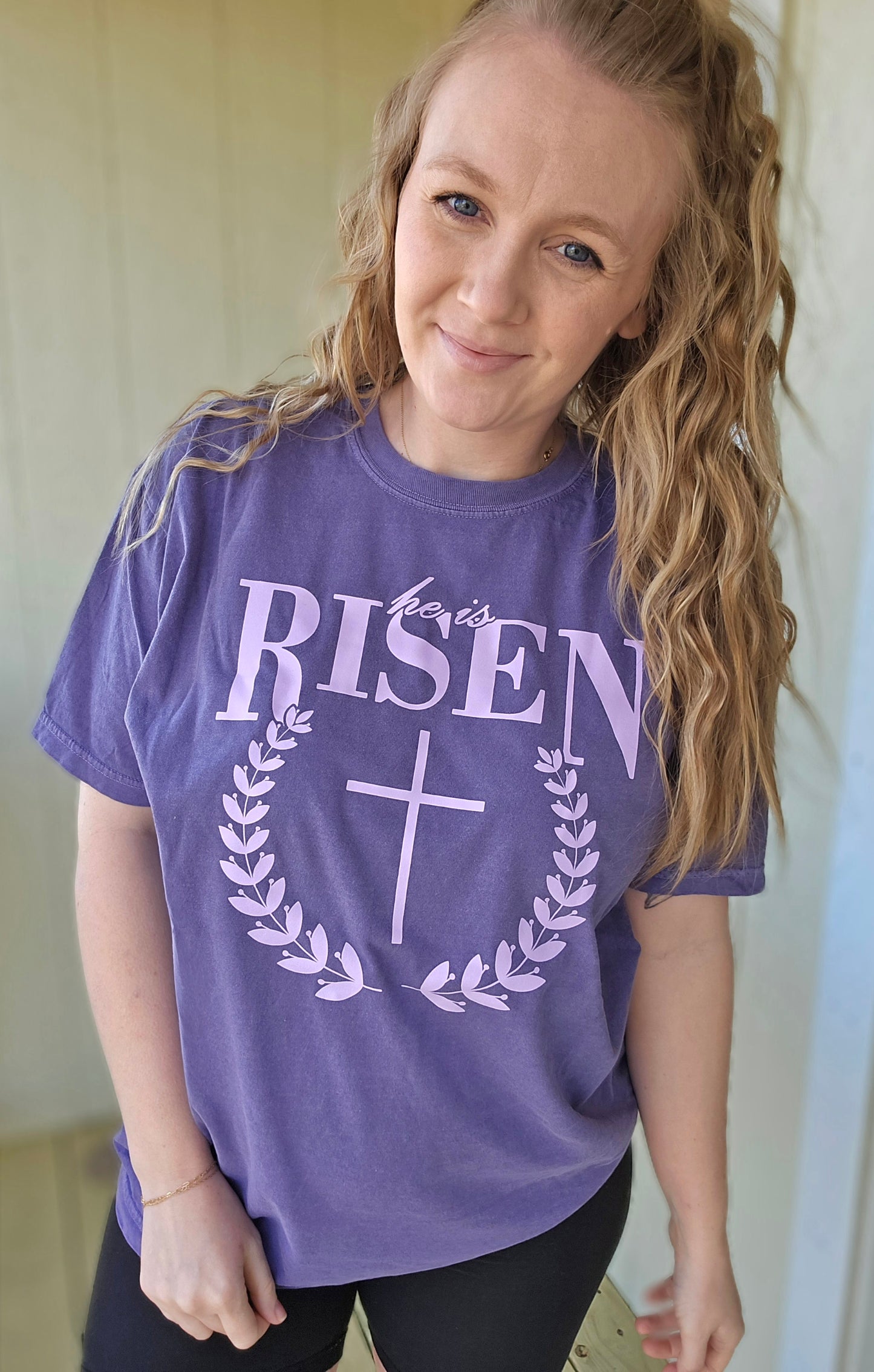 HE IS RISEN Deep Purple Vintage Wash Short Sleeve Tee