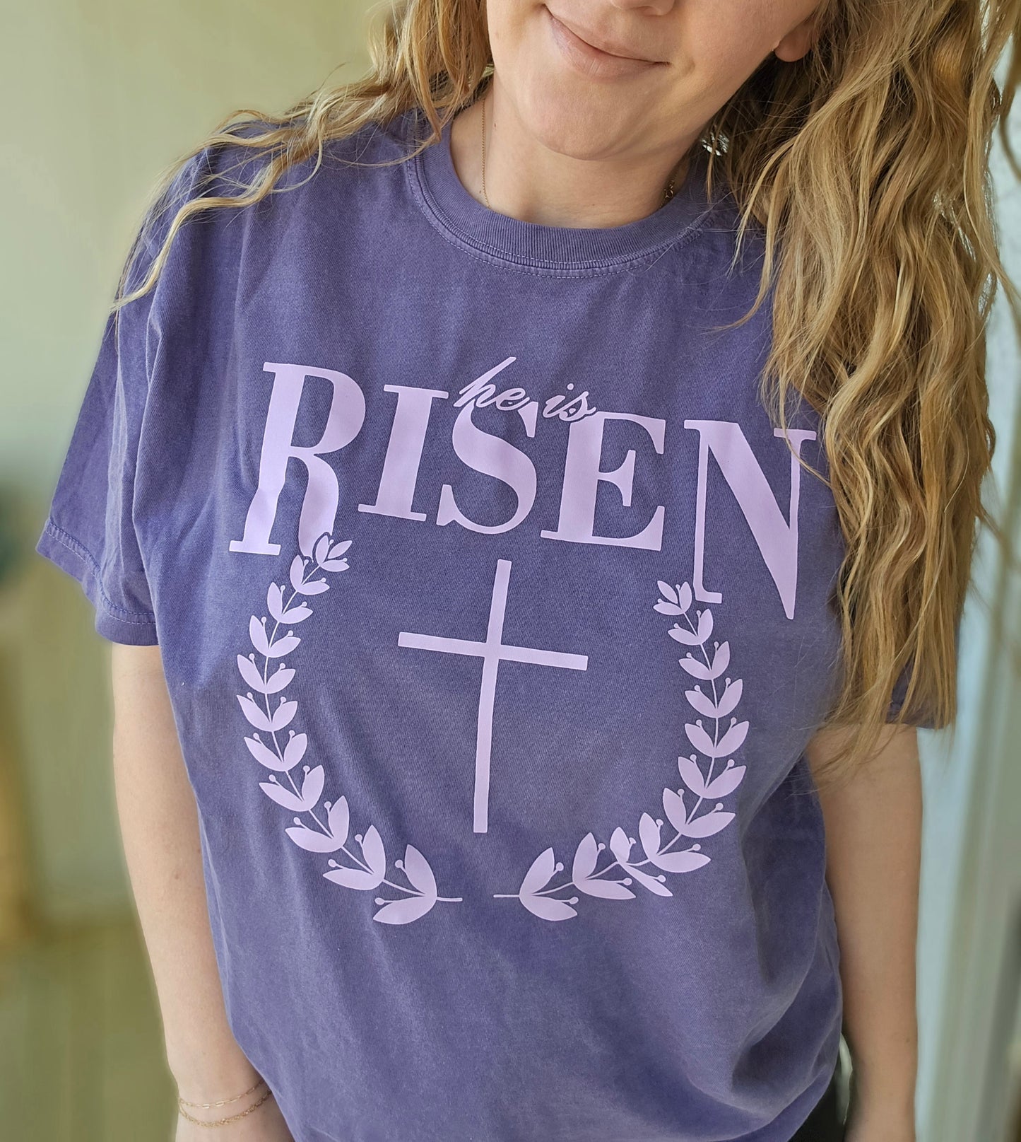 HE IS RISEN Deep Purple Vintage Wash Short Sleeve Tee