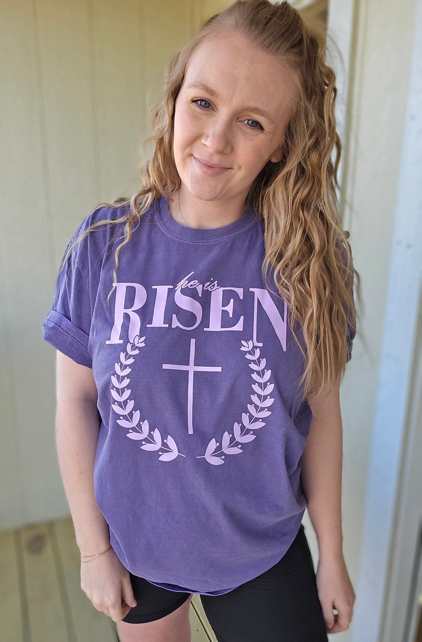 HE IS RISEN Deep Purple Vintage Wash Short Sleeve Tee