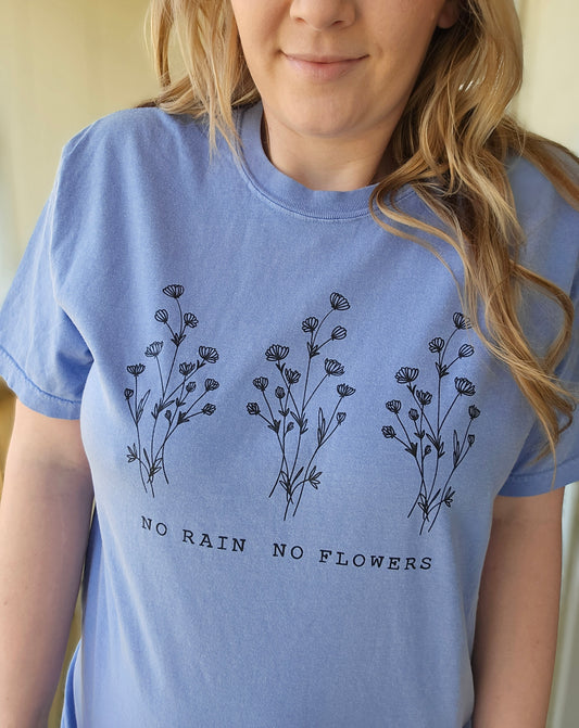 NO RAIN NO FLOWERS Blue Vintage Wash Short Sleeve Tee