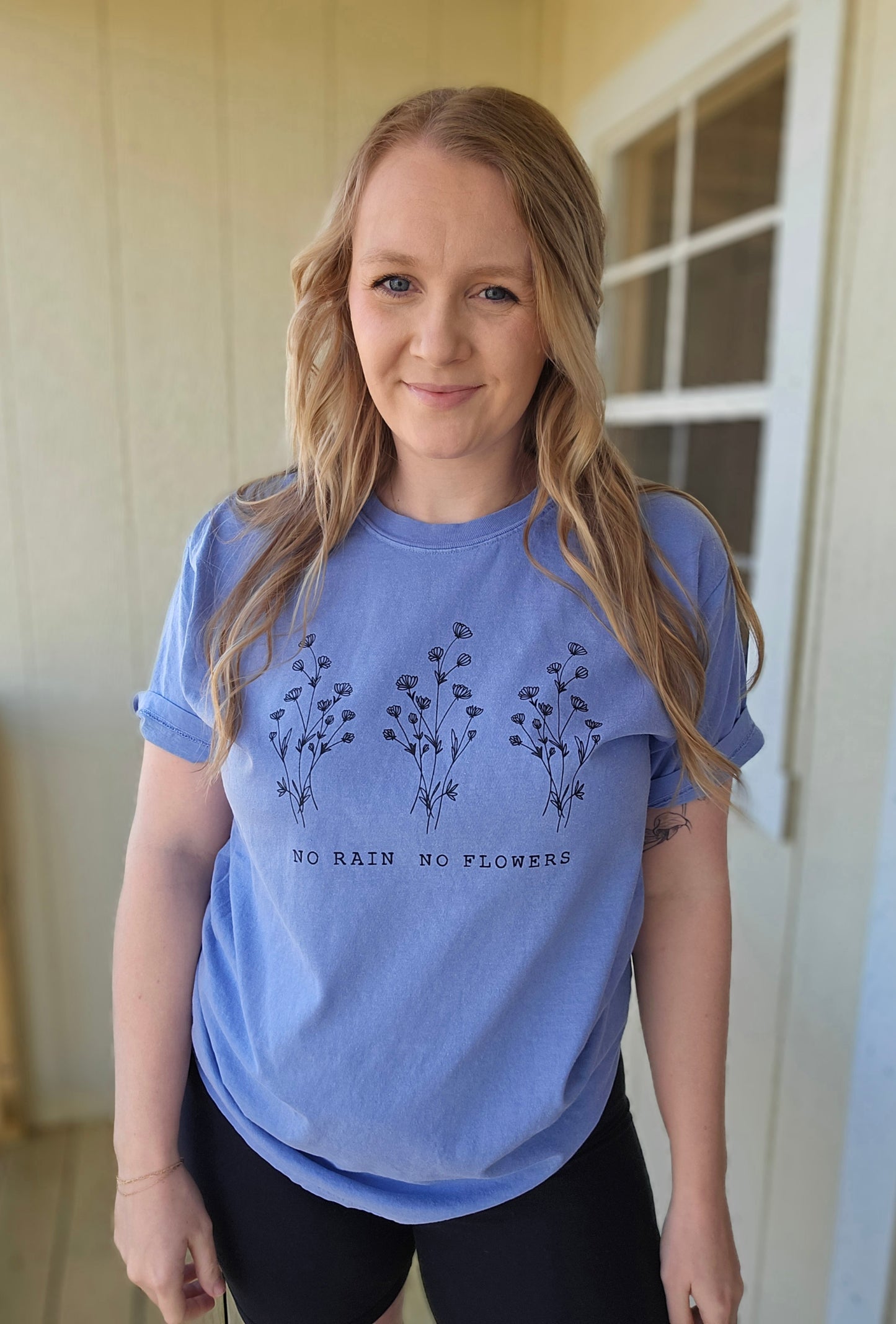 NO RAIN NO FLOWERS Blue Vintage Wash Short Sleeve Tee