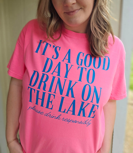 DRINK ON A LAKE Neon Pink Vintage Wash Short Sleeve Tee