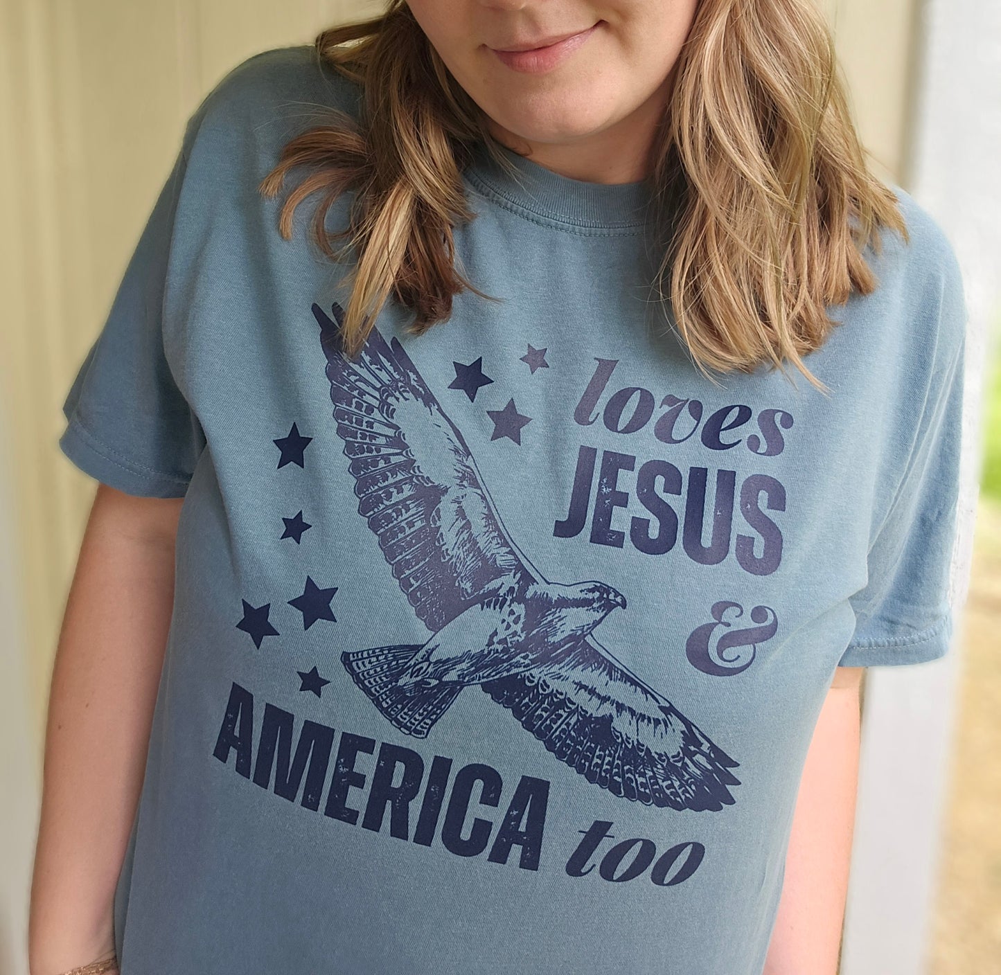 LOVES JESUS & AMERICA Ice Blue Vintage Wash Short Sleeve Tee