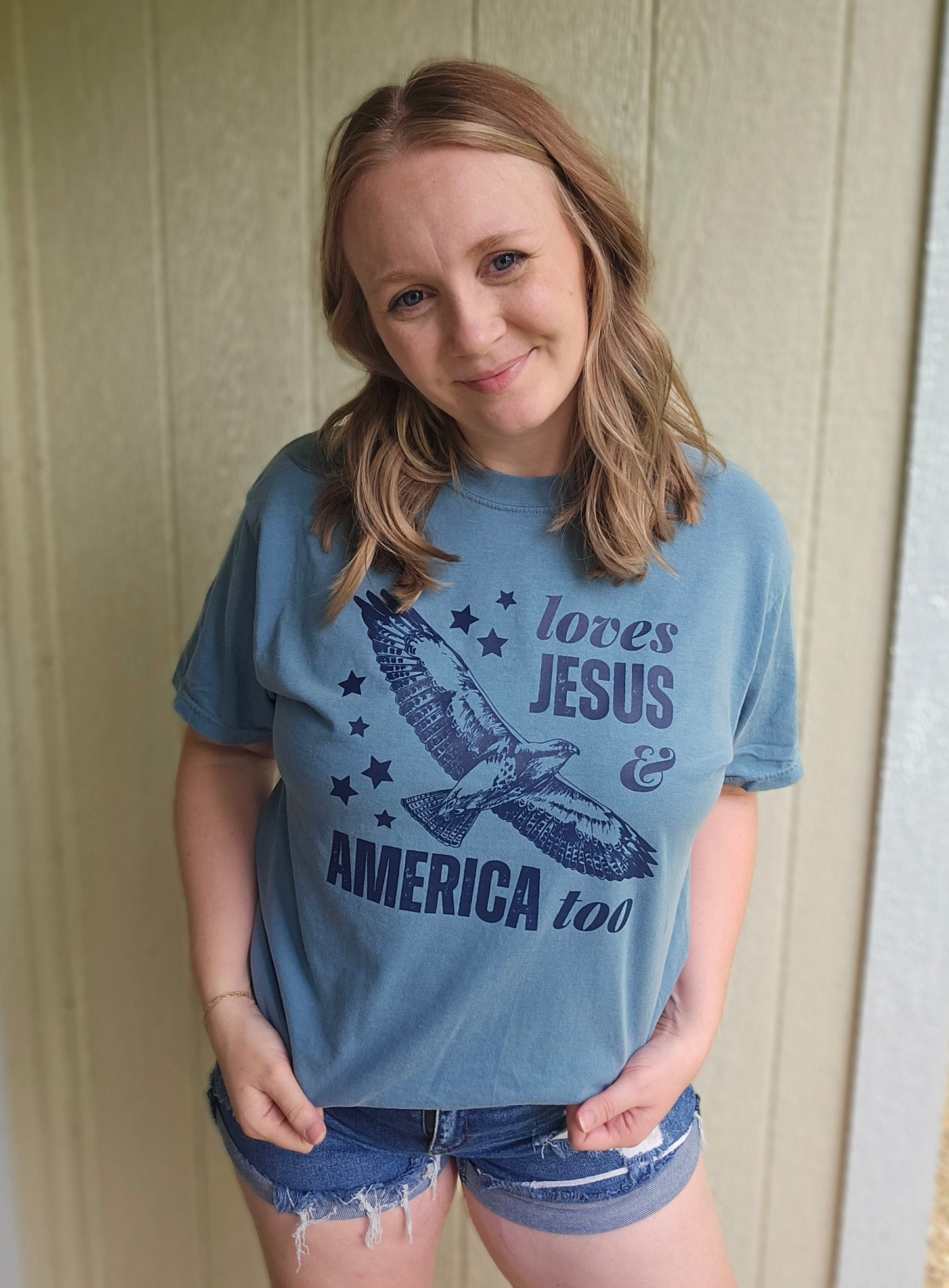 LOVES JESUS & AMERICA Ice Blue Vintage Wash Short Sleeve Tee