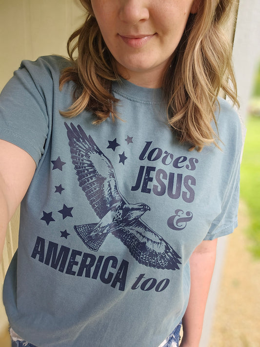 LOVES JESUS & AMERICA Ice Blue Vintage Wash Short Sleeve Tee